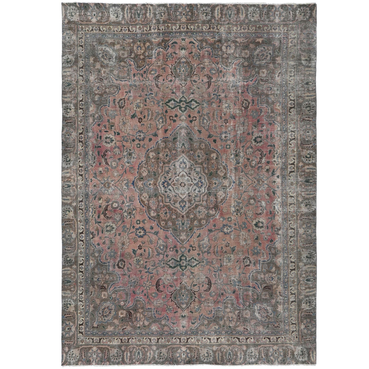 Knotari Heritage Collection vintage hand-knotted wool rug No. 501 with layered medallion design in antique salmon, cocoa, charcoal, ivory, muted blue, size 7'11" x 11'8".