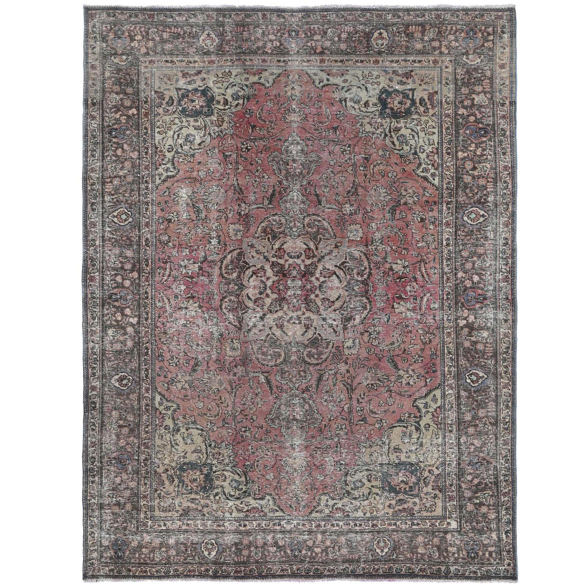 Knotari vintage hand-knotted wool rug No. 502 with geometric medallion design in rust red, indigo, ivory, terracotta, sage, size 7'6" x 10'10".