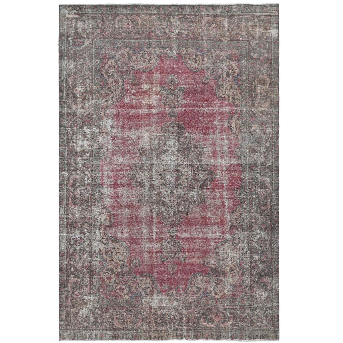 Knotari Heritage Collection vintage hand-knotted wool rug No. 506 with faded central medallion design in weathered crimson, charcoal, taupe, ivory, dusty rose, size 8'0" x 11'2".