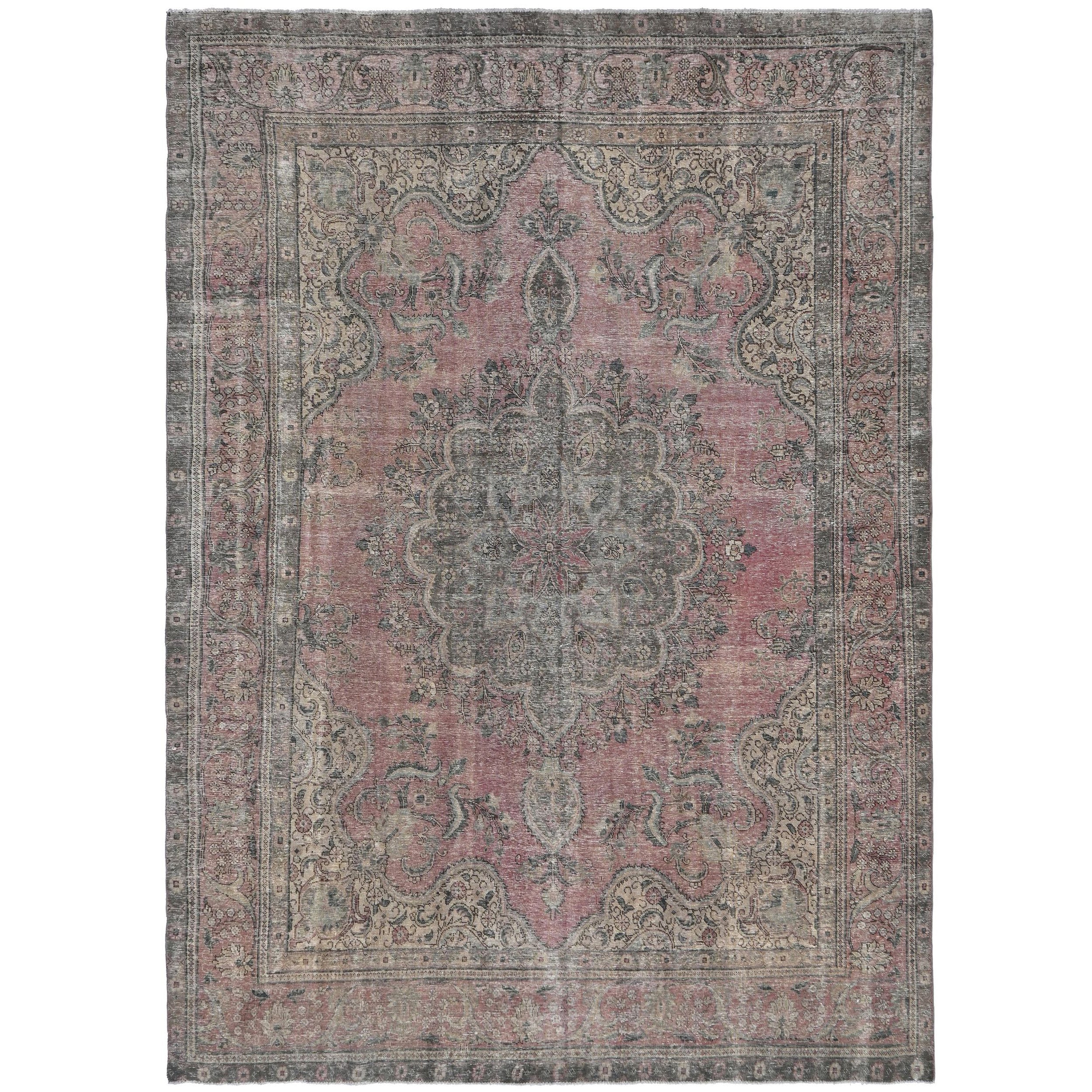 Knotari vintage hand-knotted wool rug No. 508 with oversized floral medallion design in terracotta, slate blue, ivory, rosewood, sage, size 9'6" x 12'10".