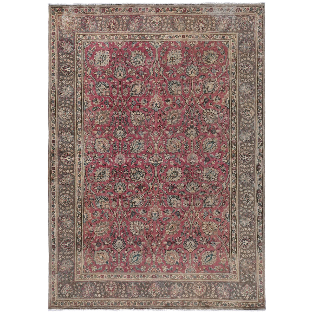 Knotari Heritage Collection vintage hand-knotted wool rug No. 50 with all-over floral design in rose red, taupe, aged ivory, slate blue, muted sage, size 8'0" x 11'0".