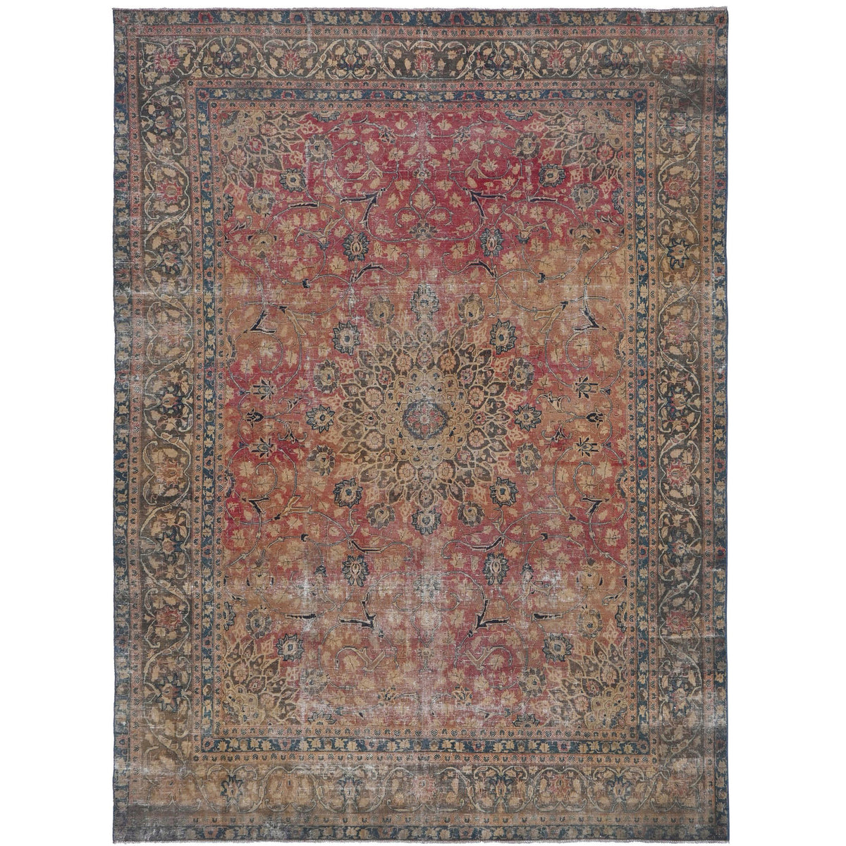 Knotari Heritage Collection vintage hand-knotted wool rug No. 57 with persian-inspired central medallion design in terracotta, antique rust, taupe, charcoal, and softly weathered sand, size 9'0" x 12'0".