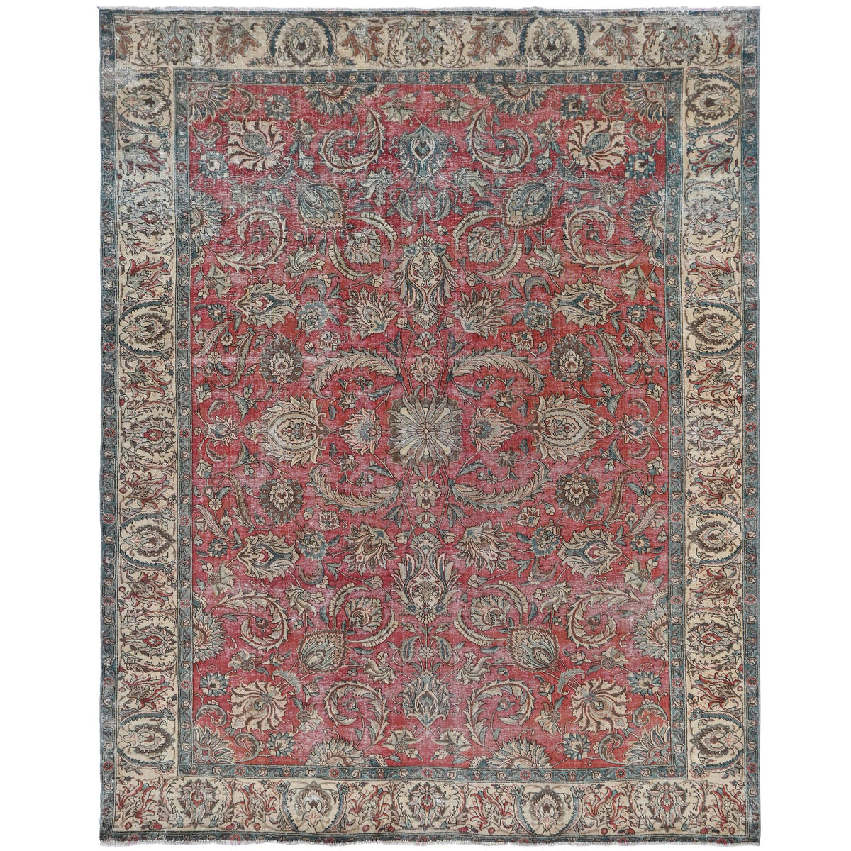 Knotari vintage hand-knotted rug No. 5 with all-over botanical floral design in antique crimson, aged ivory, slate blue, taupe, charcoal, size 9'4" x 12'2".