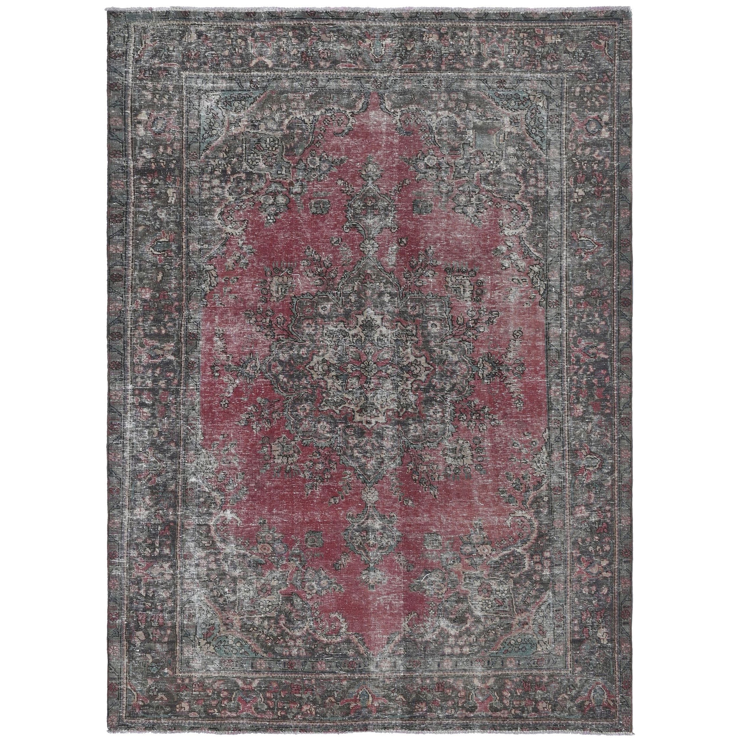 Knotari Heritage Collection vintage hand-knotted wool rug No. 63 with persian medallion design in raspberry red, charcoal, taupe, aged ivory, muted blue, size 6'2" x 9'5".