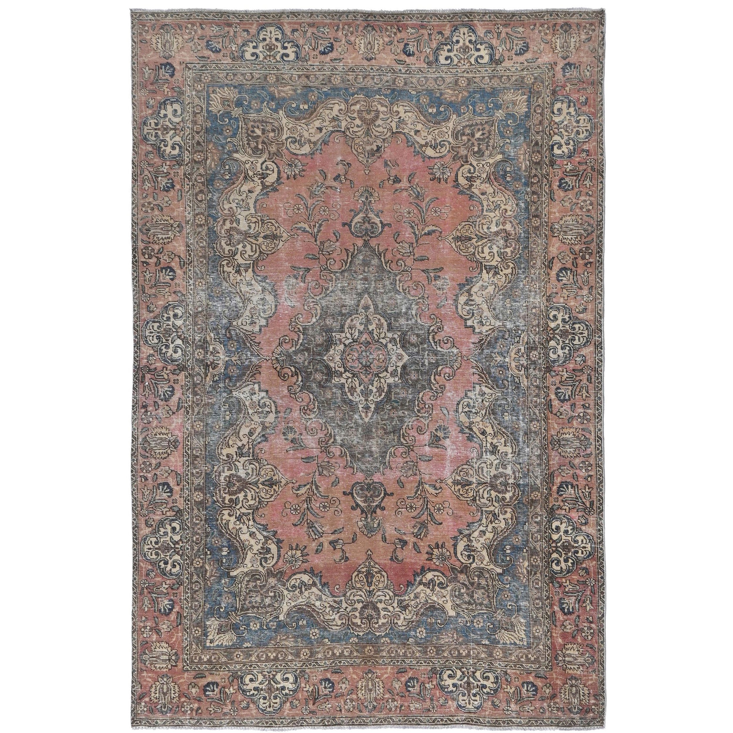 Knotari vintage hand-knotted rug No. 71 with rose medallion design in dusty rose, slate blue, aged ivory, taupe, charcoal, size 6'2" x 9'8".