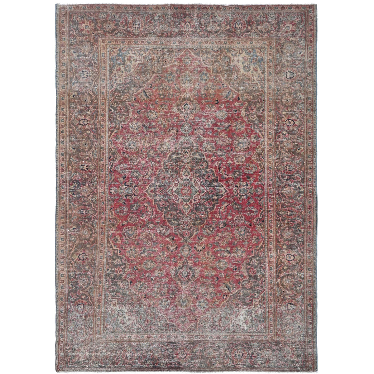 Knotari Heritage Collection vintage hand-knotted wool rug No. 74 with floral medallion design in crimson, brick red, slate blue, taupe, and aged ivory, size 6'4" x 9'4".