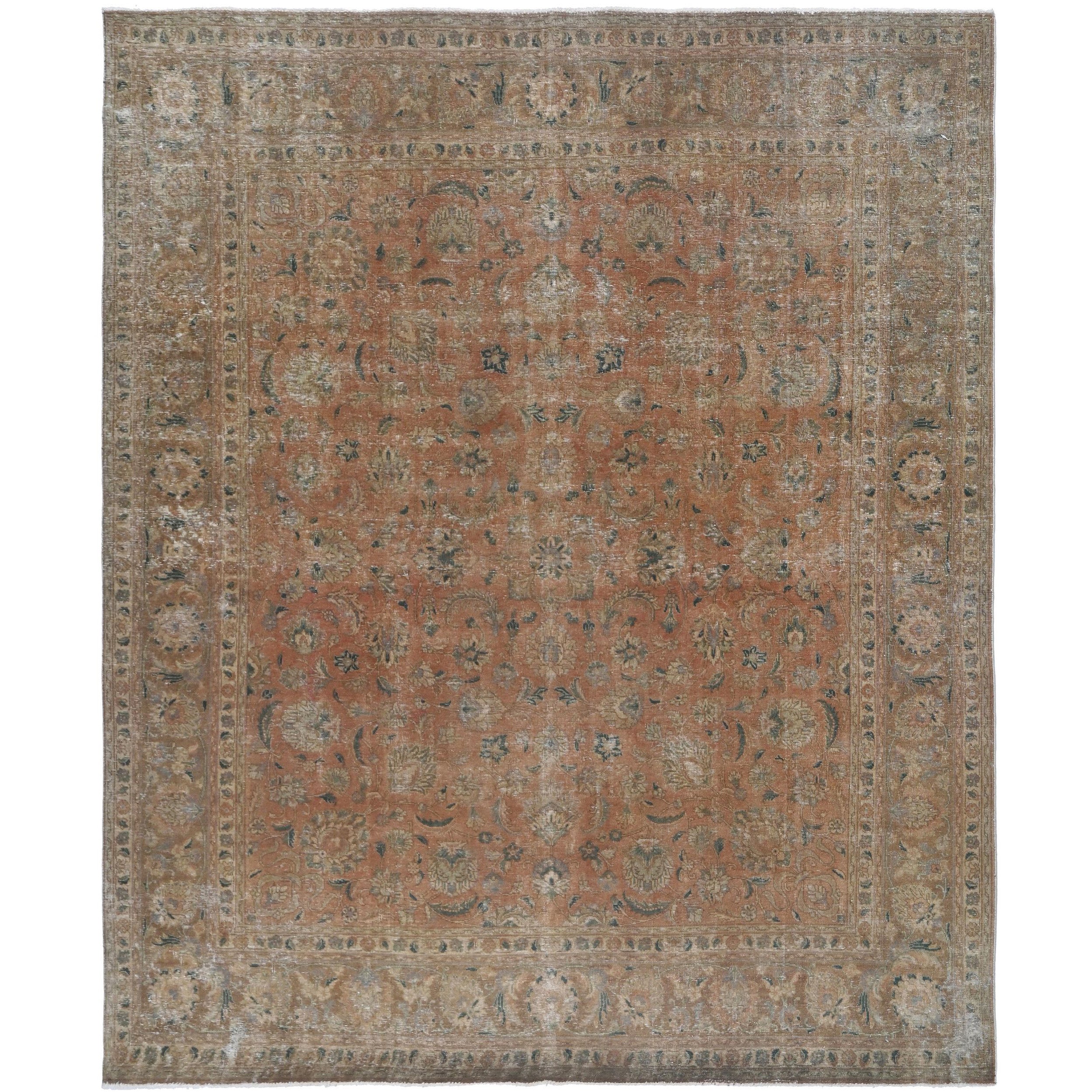 Knotari Heritage Collection vintage hand-knotted wool rug No. 78 with ornate floral medallion design in burnished clay, deep teal, ivory, camel, brown, size 9'5" x 10'11".