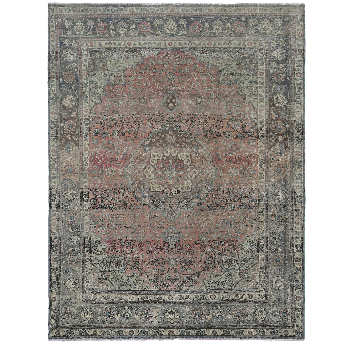 Knotari vintage hand-knotted rug No. 7 with floral medallion design in dusty coral, slate gray, taupe, aged ivory, muted blue, size 8'0" x 11'0".