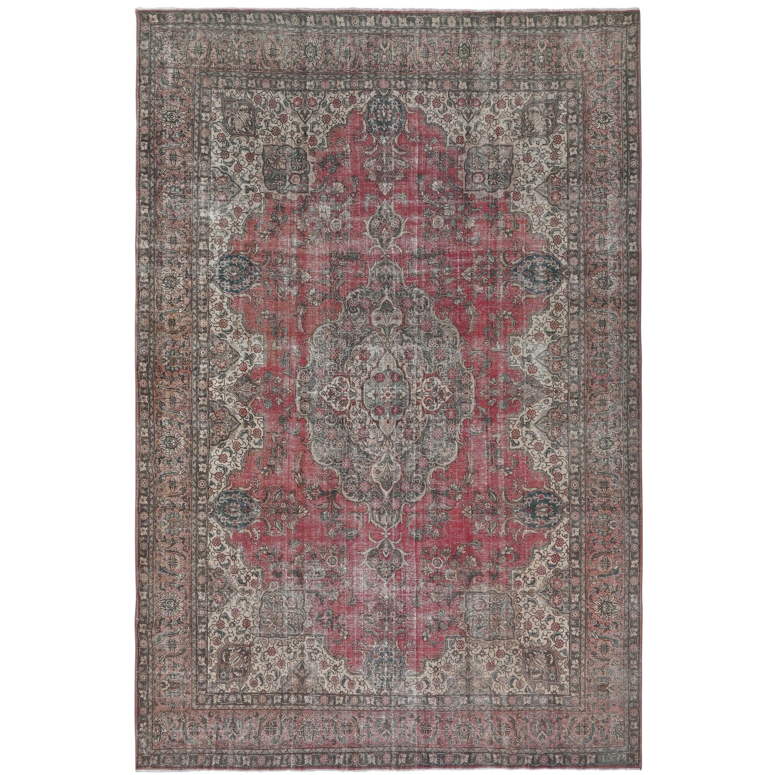 Knotari vintage hand-knotted rug No. 80 with grand floral medallion design in antique crimson, navy, aged ivory, dusty blue, warm taupe, size 11'1" x 15'8".