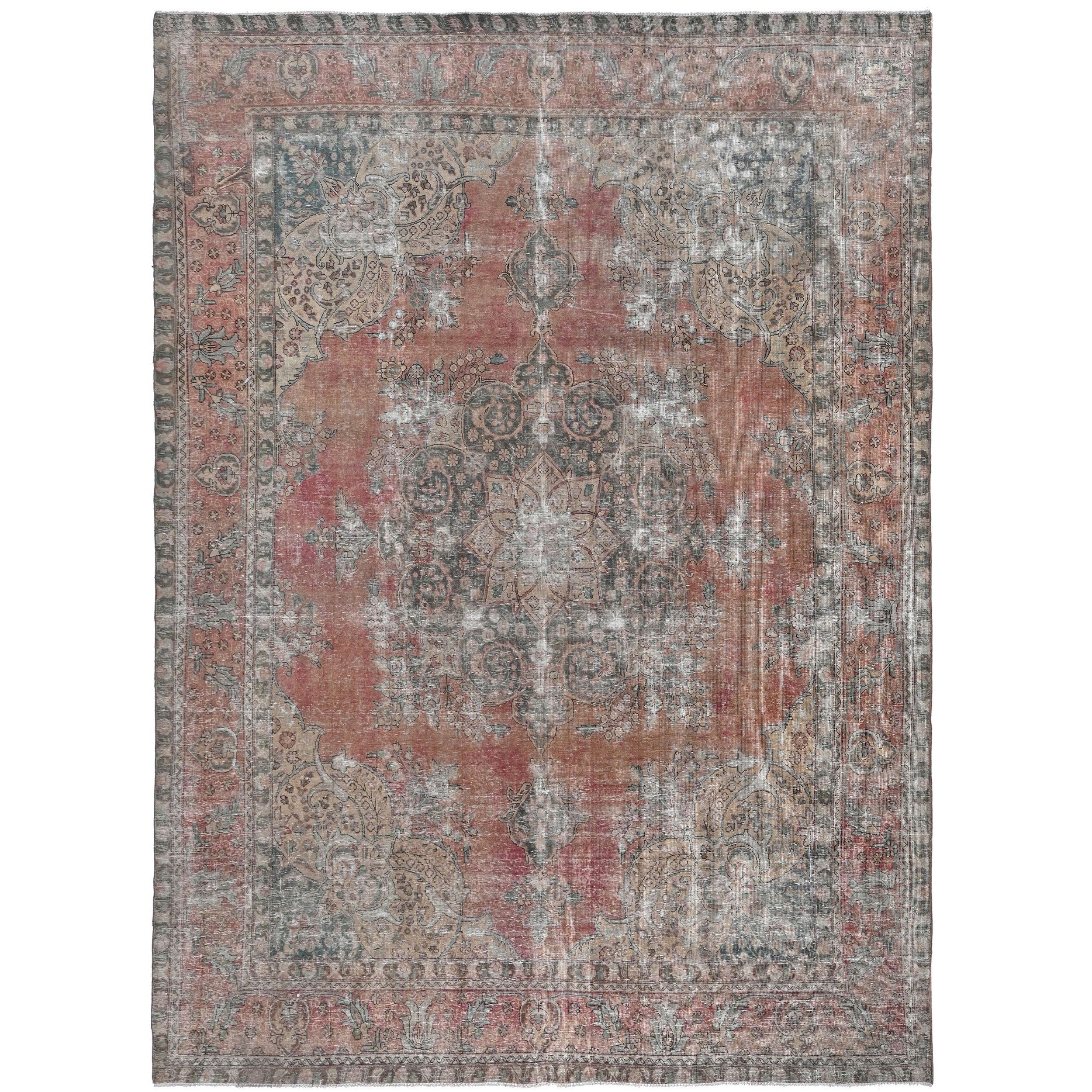 Knotari Heritage Collection vintage hand-knotted wool rug No. 83 with persian medallion design in terracotta, dusty rose, taupe, charcoal, aged ivory, size 9'9" x 12'9".