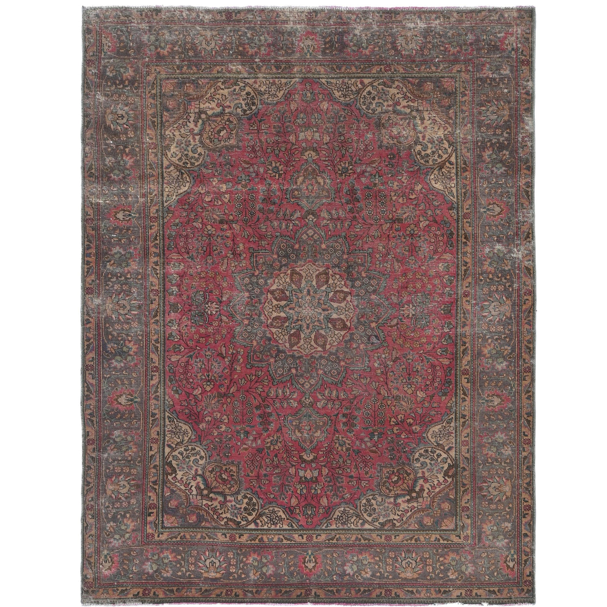 Knotari vintage hand-knotted wool rug No. 96 with floral medallion design in antique crimson, navy, ivory, sage, dusty blue, size 6'9" x 9'0".