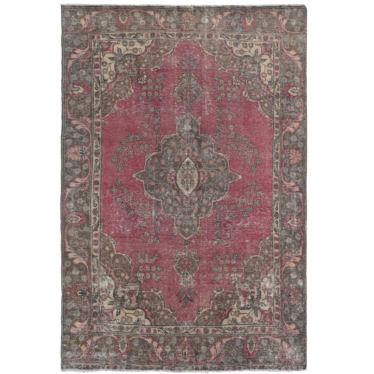 Knotari Heritage Collection vintage hand-knotted wool rug No. 97 with central medallion design in antique coral, charcoal, taupe, ivory, muted rose, size 6'2" x 9'4".