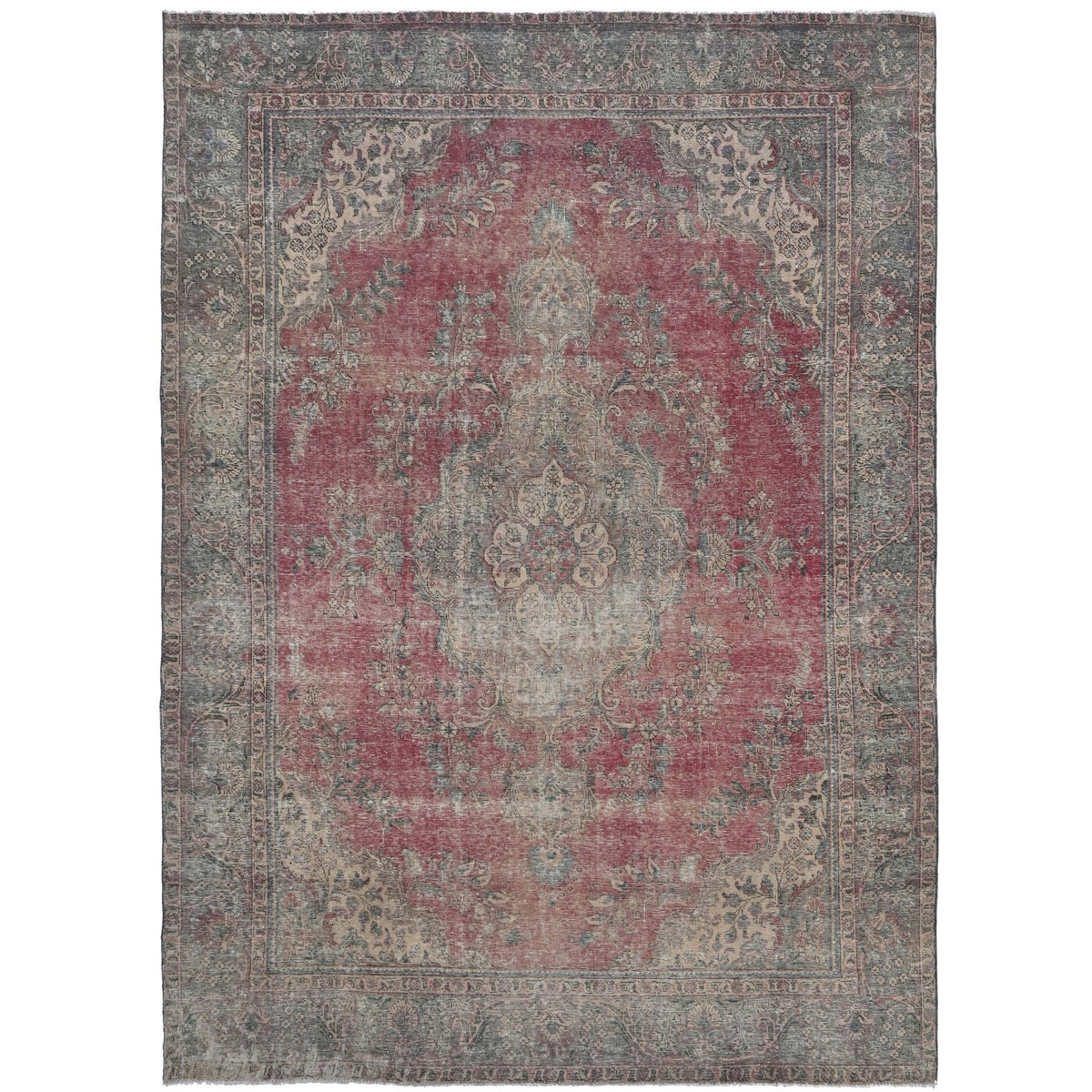 Knotari vintage hand-knotted rug No. A102 with faded floral medallion design in dusty rose, slate gray, aged ivory, muted blue, taupe, size 7'9" x 10'10".