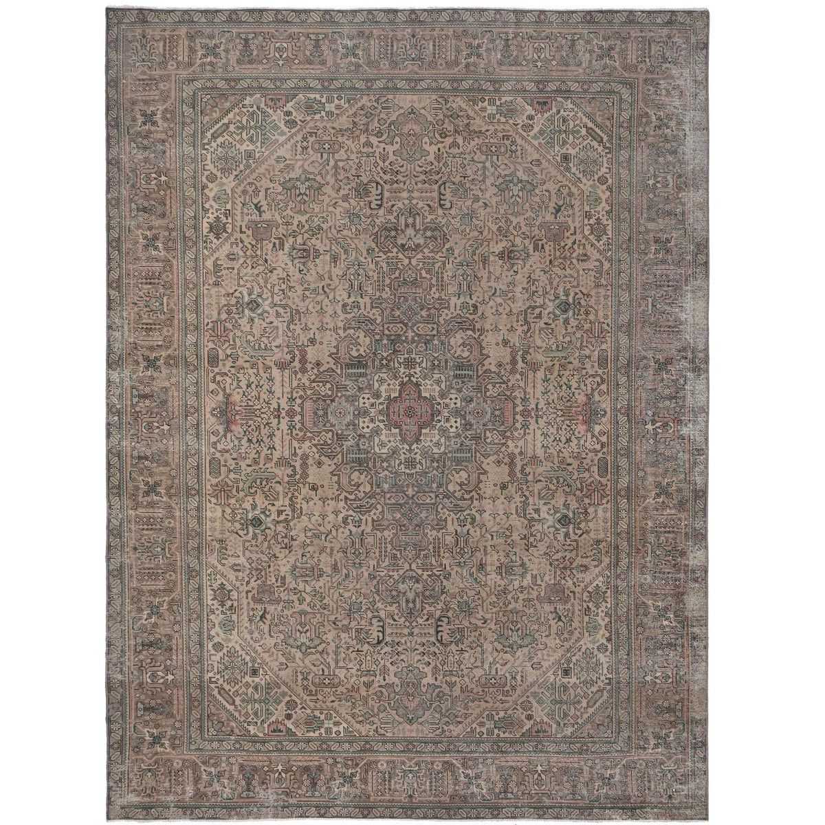 Knotari vintage hand-knotted rug No. A116 with heriz-inspired geometric medallion design in soft taupe, aged ivory, dusty rose, muted sage, charcoal, size 9'7" x 12'8"