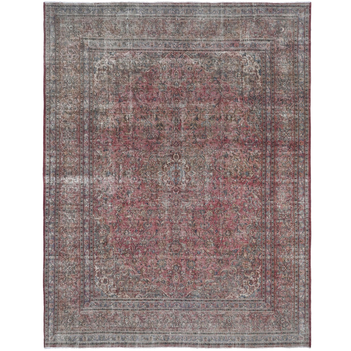 Knotari vintage hand-knotted rug No. A127 with layered floral medallion design in antique rose, charcoal, taupe, aged ivory, muted burgundy, size 9'7" x 12'7".