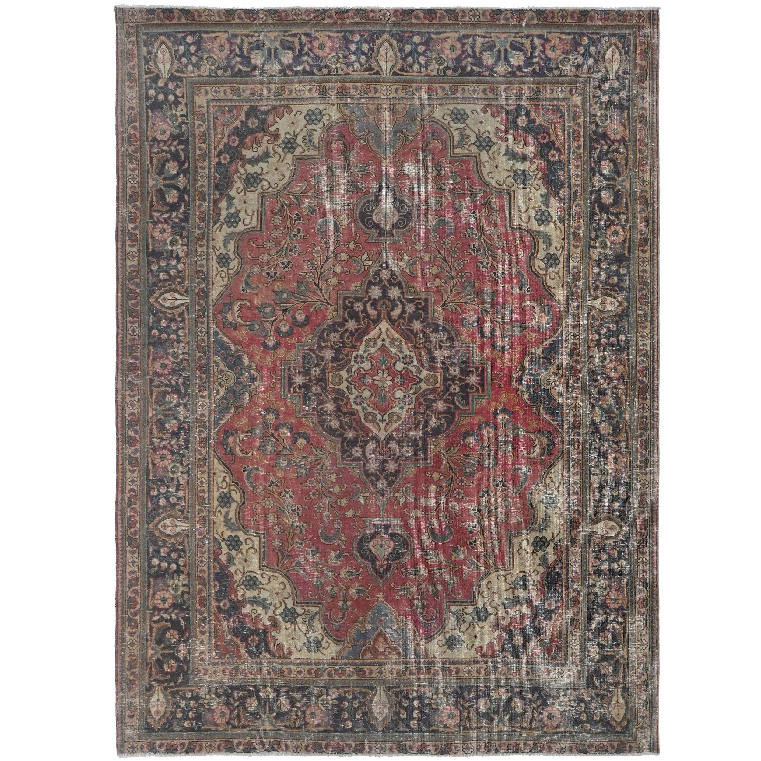 Knotari vintage hand-knotted rug No. A147 with crowned floral medallion design in antique crimson, espresso, aged ivory, slate blue, dusty rose, size 6'7" x 9'4".