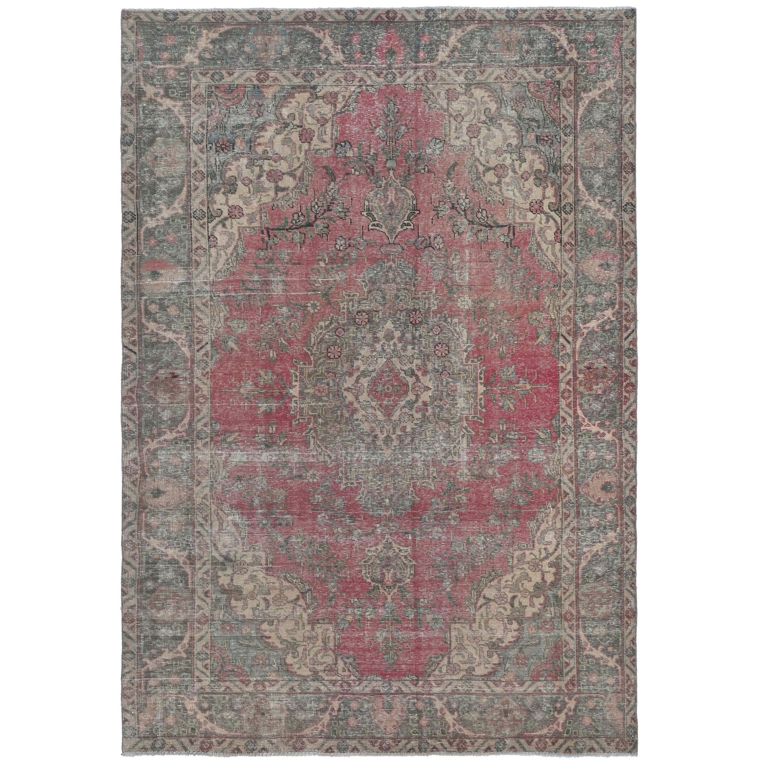 Knotari vintage hand-knotted rug No. A157 with floral medallion design in dusty rose, slate gray, aged ivory, muted teal, warm taupe, size 6'0" x 9'7"