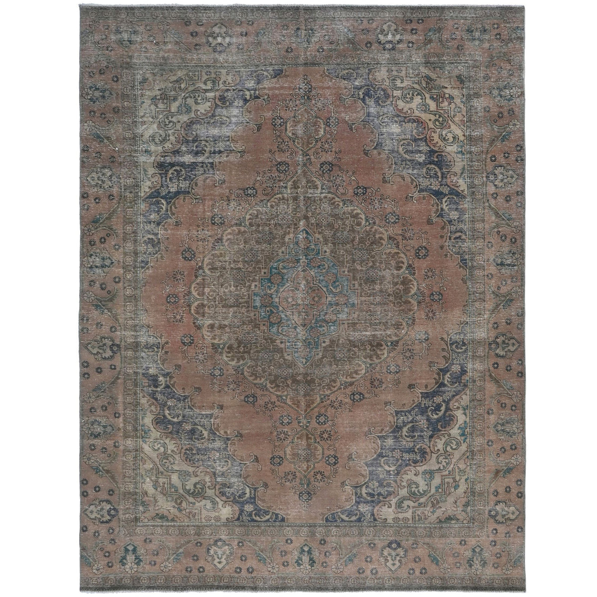 Knotari Heritage Collection vintage hand-knotted wool rug No. A185 with persian medallion design in terracotta, slate gray, ivory, dusty blue, taupe, size 9'1" x 12'7".