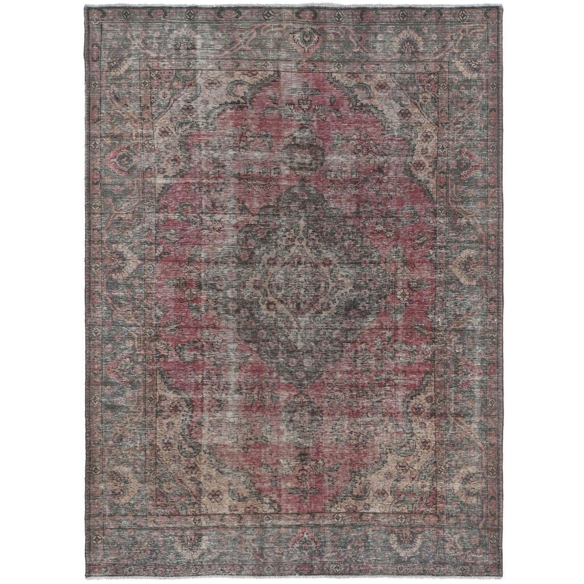Knotari vintage hand-knotted rug No. A187 with ornate central medallion design in rosewood, charcoal, taupe, aged ivory, muted blue, size 6'7" x 9'4"