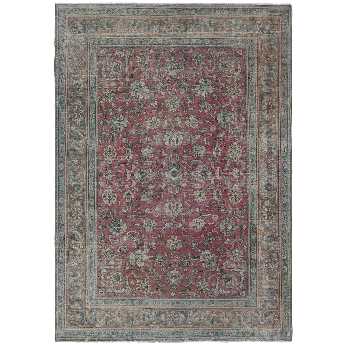 Knotari Heritage Collection vintage hand-knotted wool rug No. A195 with all-over floral design in raspberry red, slate blue, ivory, taupe, and charcoal, size 6'1" x 9'7".