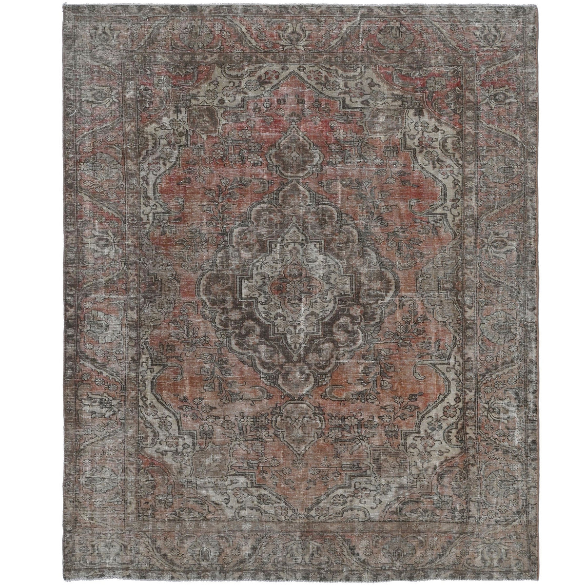Knotari vintage hand-knotted rug No. A198 with floral medallion design in rust rose, charcoal, aged ivory, muted blue, taupe, size 6'7" x 9'0".