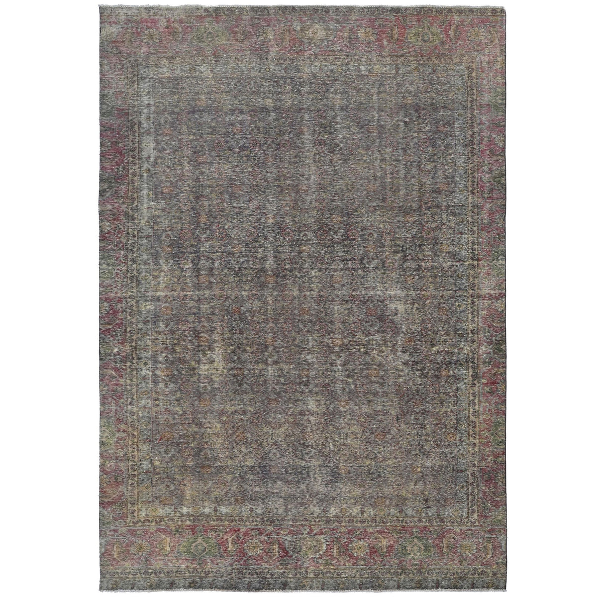 Knotari Heritage Collection vintage hand-knotted wool rug No. A212 with all-over floral design in charcoal, muted red, taupe, olive, sand, size 7'2" x 12'4".