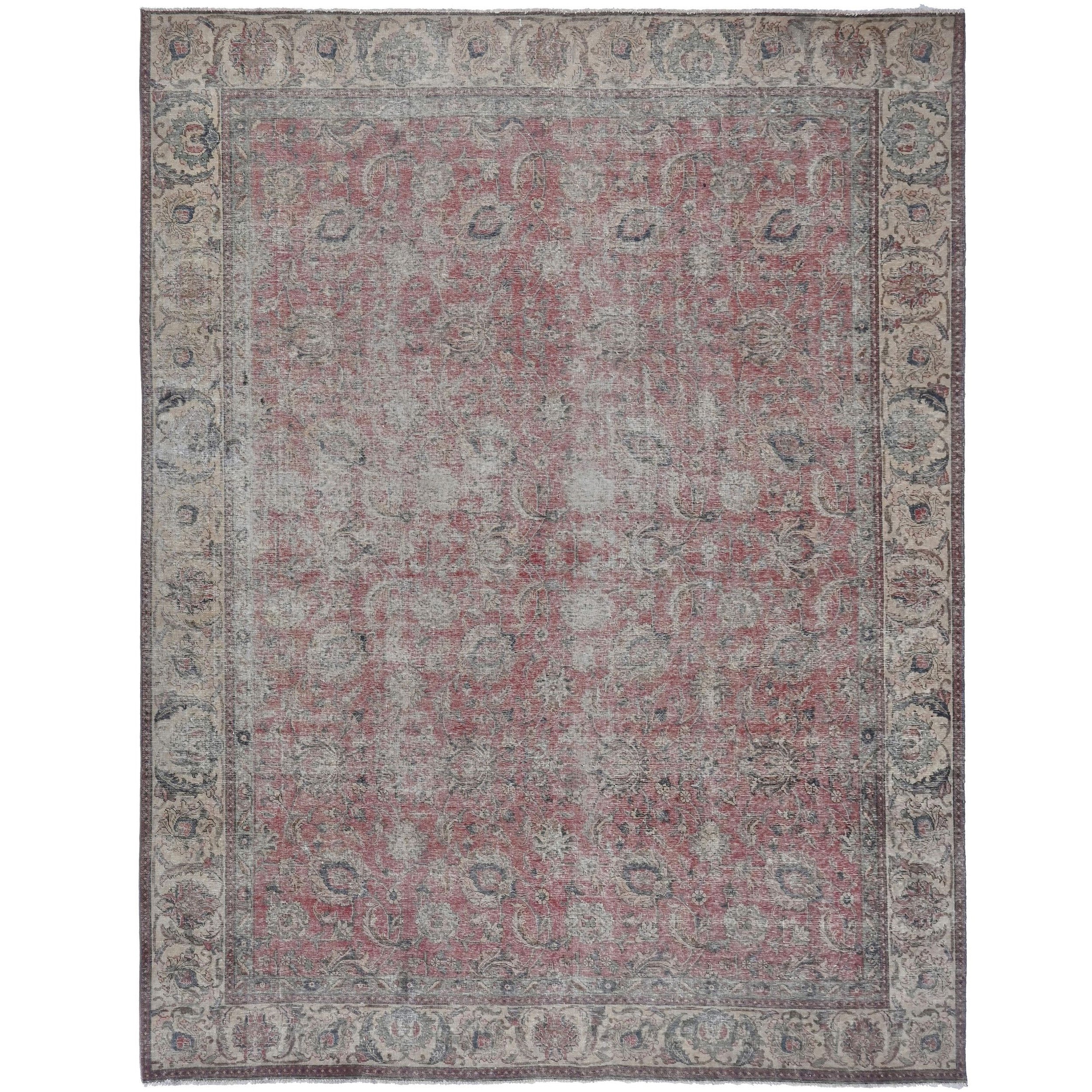 Knotari vintage hand-knotted rug No. A24 with faded all-over floral design in blush rose, silver gray, taupe, aged ivory, muted blue, size 9'2" x 11'11".