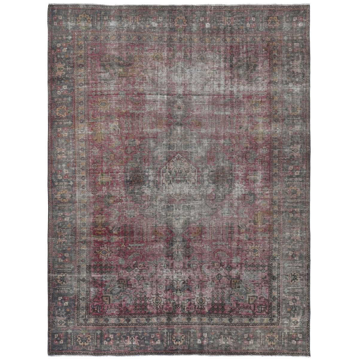 Knotari Heritage Collection vintage hand-knotted wool rug No. A25 with all-over geometric design in deep burgundy, charcoal, taupe, muted gold, aged ivory, size 8'2" x 11'0".