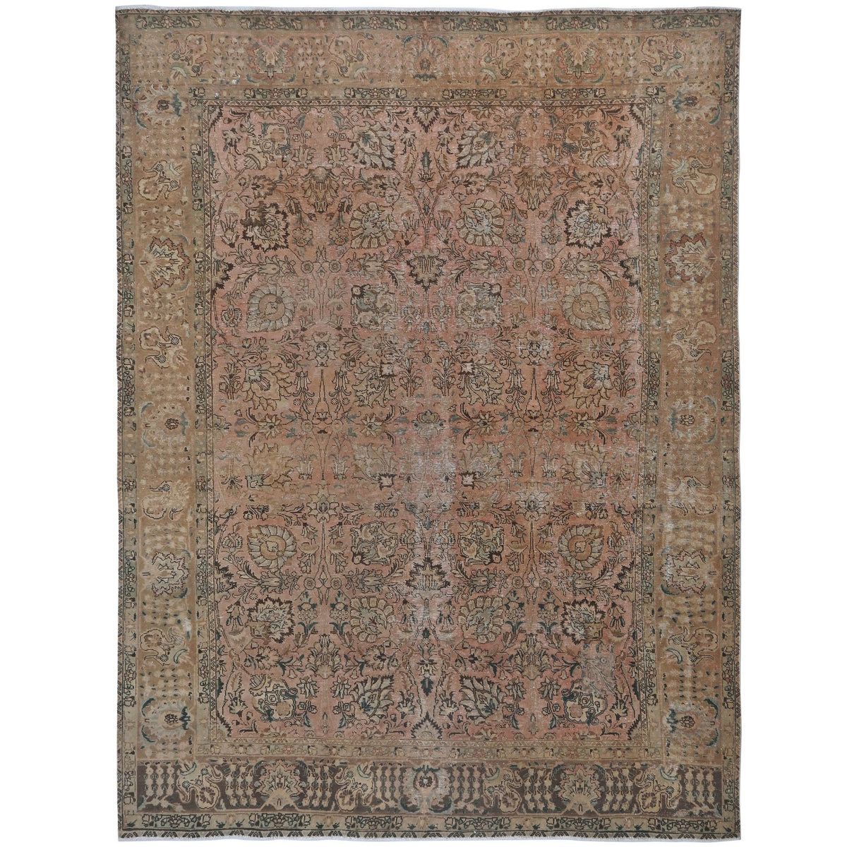 Knotari vintage hand-knotted rug No. A324 with all-over botanical design in blush clay, sand, taupe, sage, aged ivory, size 9'7" x 12'0".