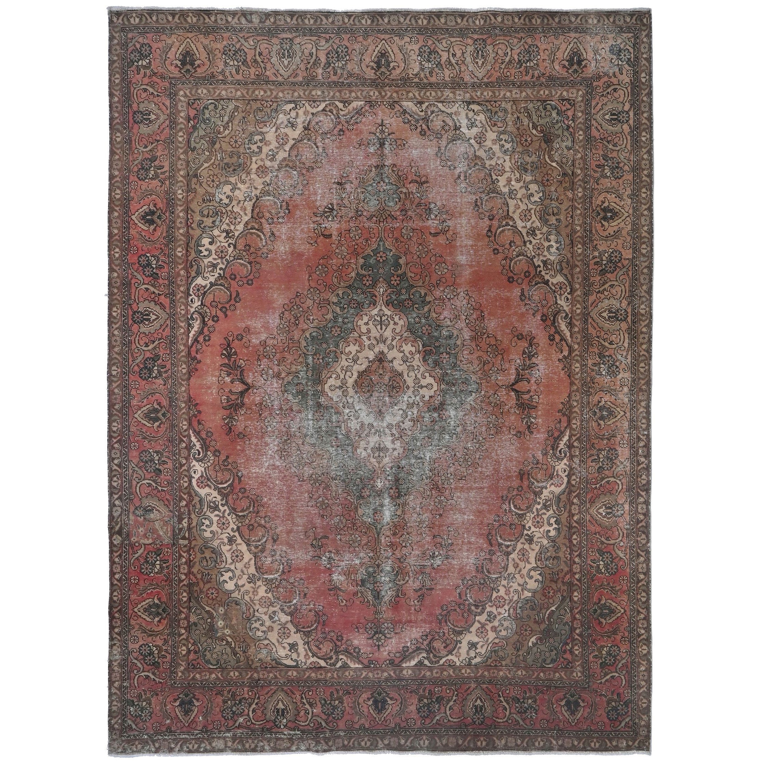 Knotari Heritage Collection vintage hand-knotted wool rug No. A347 with persian medallion design in coral, ivory, slate gray, taupe, charcoal, size 9'7" x 12'5".