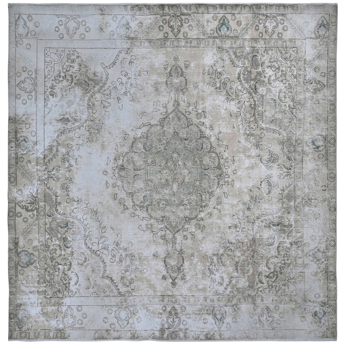 Knotari Heritage Collection vintage hand-knotted wool rug No. A357 with persian medallion design in soft gray, ivory, taupe, pale blue, sand, size 9'4" x 9'0".