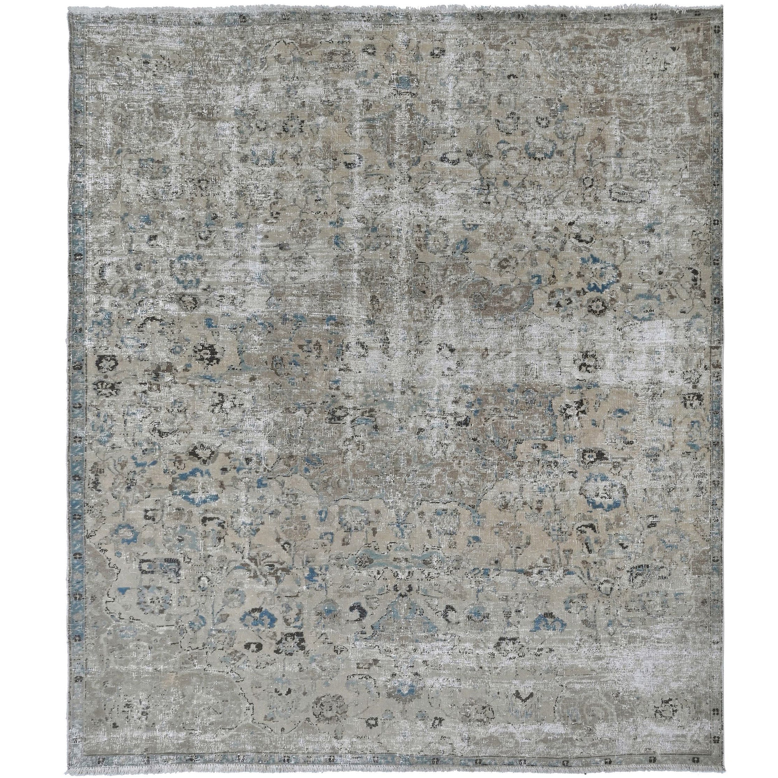 Knotari vintage hand-knotted rug No. A359 with faded floral medallion design in silver gray, stone, powder blue, taupe, charcoal, size 7'4" x 8'7"