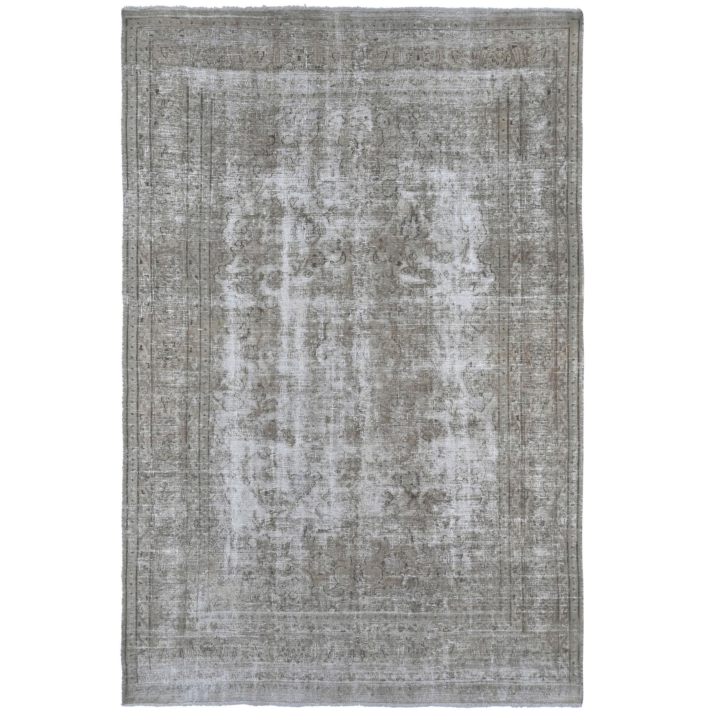 Knotari Heritage Collection vintage hand-knotted wool rug No. A372 with faded medallion design in stone gray, taupe, ivory, mushroom, and soft brown, size 6'3" x 10'0".