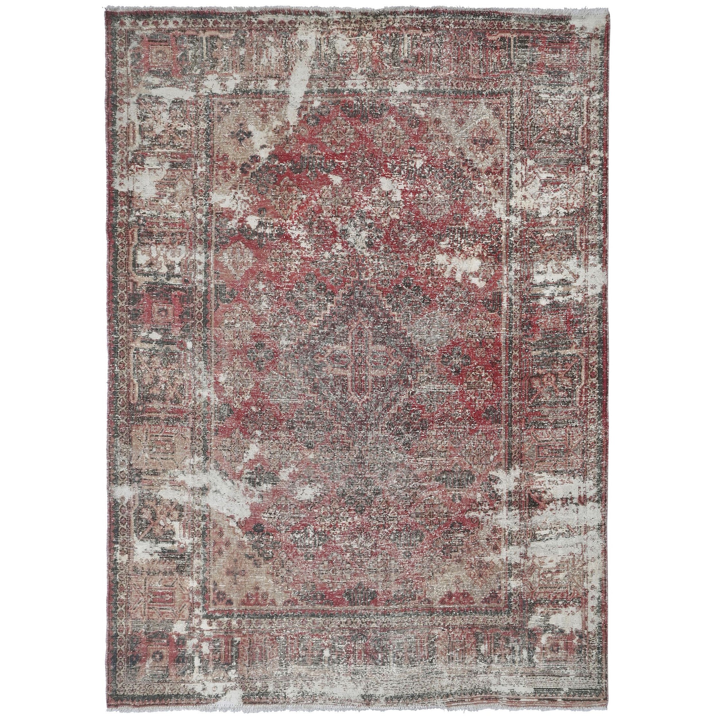 Knotari Heritage Collection vintage hand-knotted wool rug No. A377 with persian medallion design in coral, ivory, slate gray, taupe, charcoal, size 7'3" x 10'0".
