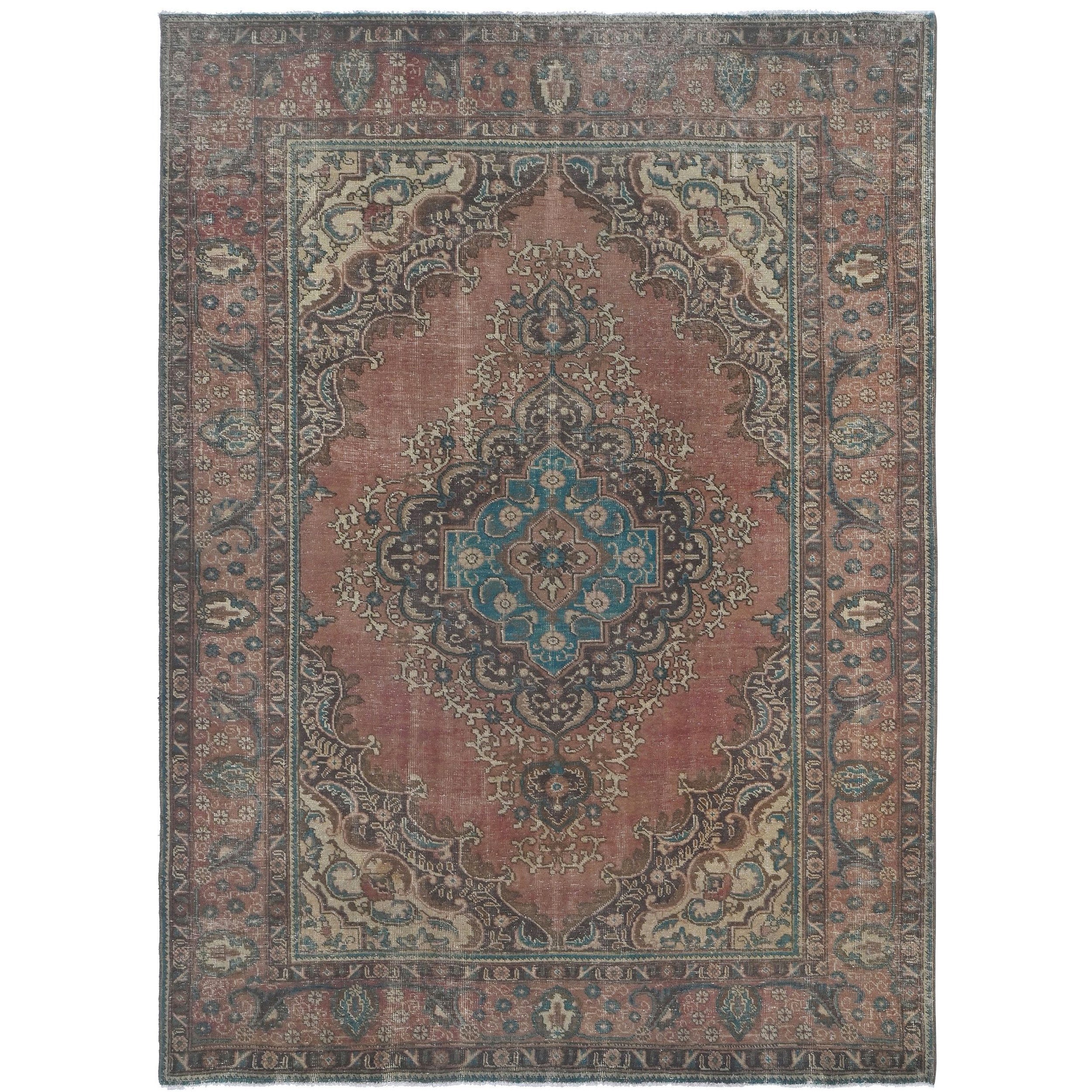 Knotari vintage hand-knotted wool rug No. A38 with soft floral medallion design in blush rose, stone gray, aged ivory, sage, soft blue, size 6'9" x 9'5".