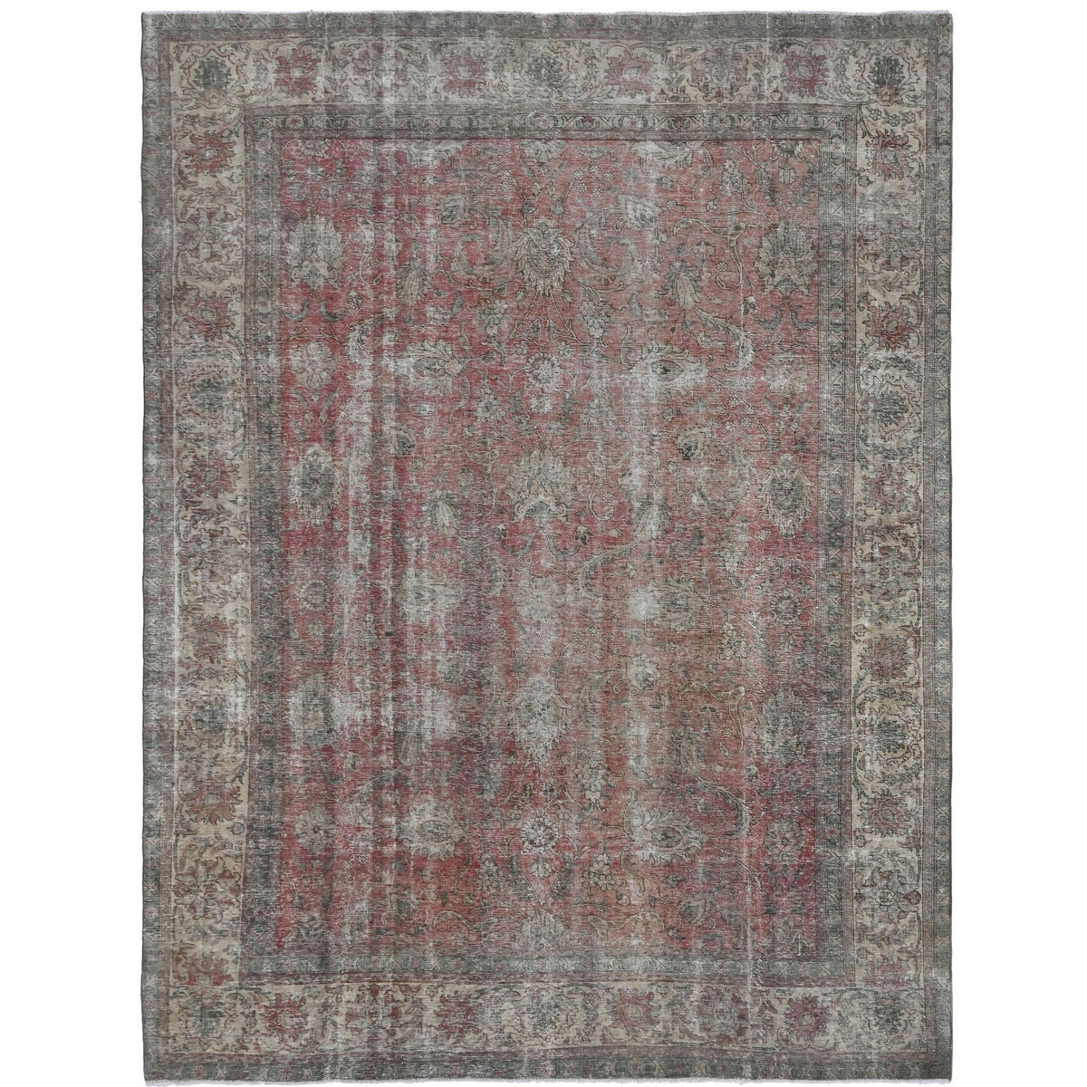 Knotari vintage hand-knotted rug No. A391 with faded all-over floral design in soft coral, aged ivory, slate gray, dusty rose, taupe, size 9'1" x 12'4".