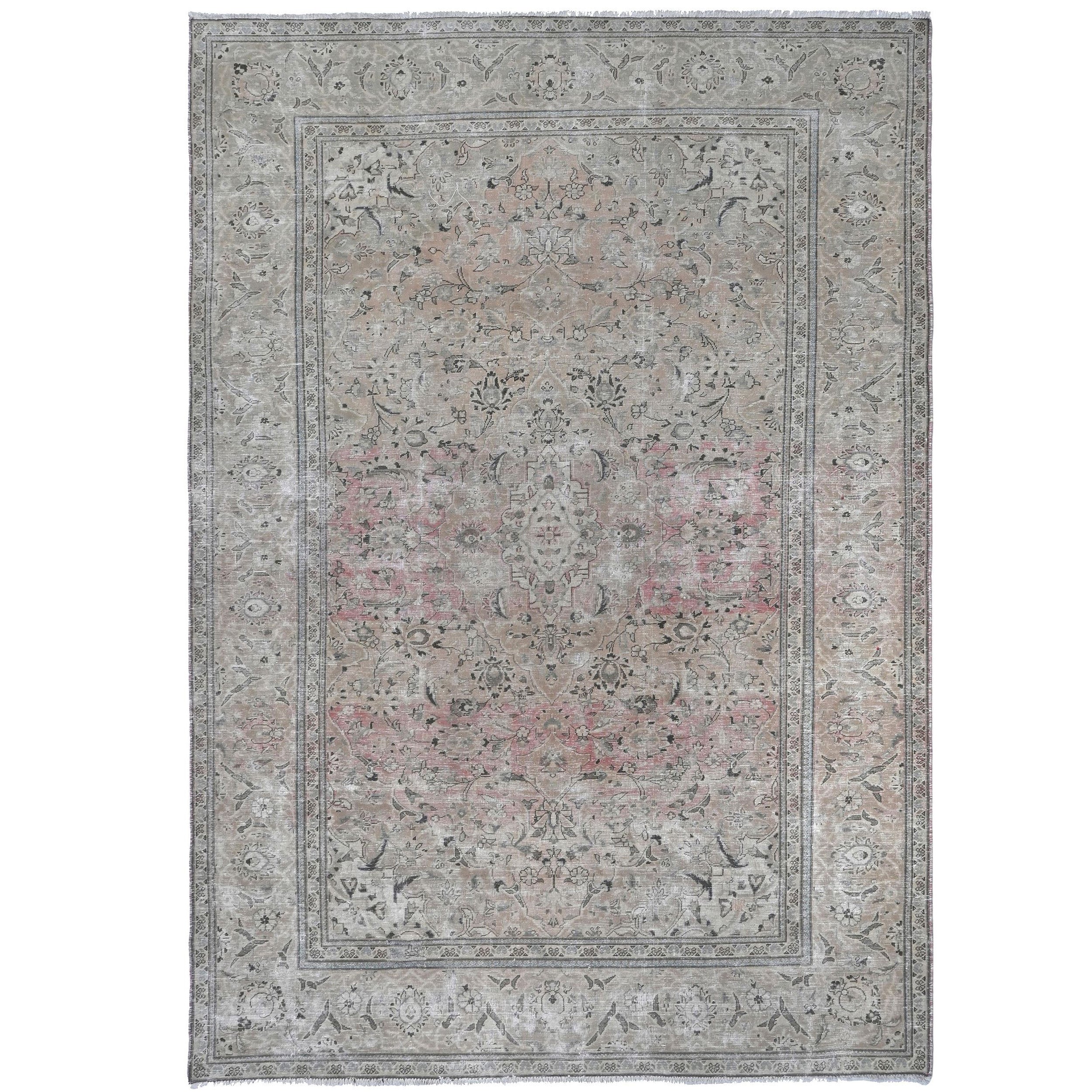 Knotari Heritage Collection vintage hand-knotted wool rug No. A395 with open field medallion design in warm beige, ivory, pale blue, taupe, sand, size 7'2" x 11'1".