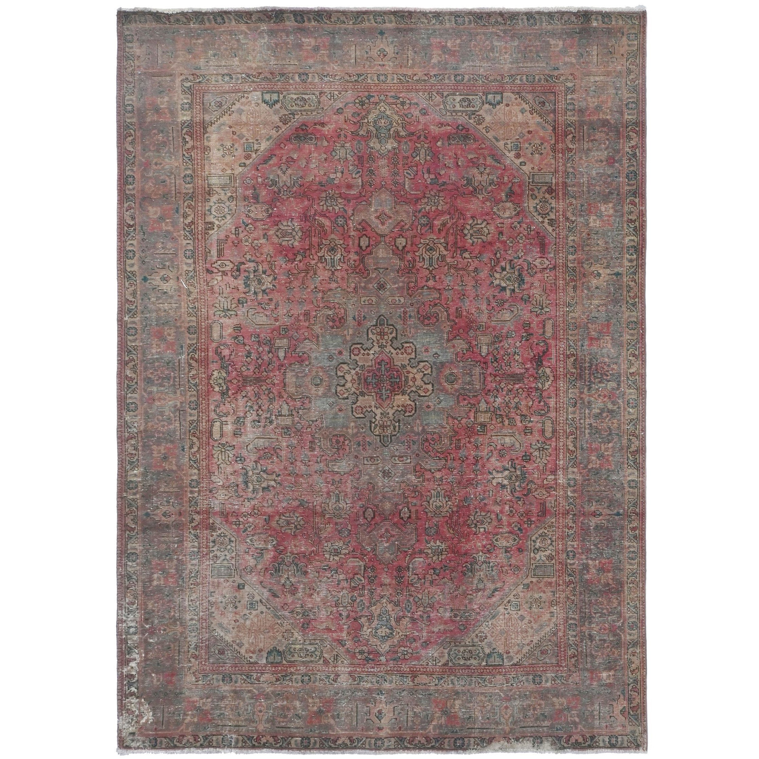 Knotari Heritage Collection vintage hand-knotted wool rug No. A39 with geometric medallion design in coral red, charcoal, taupe, ivory, muted teal, size 6'5" x 9'6".