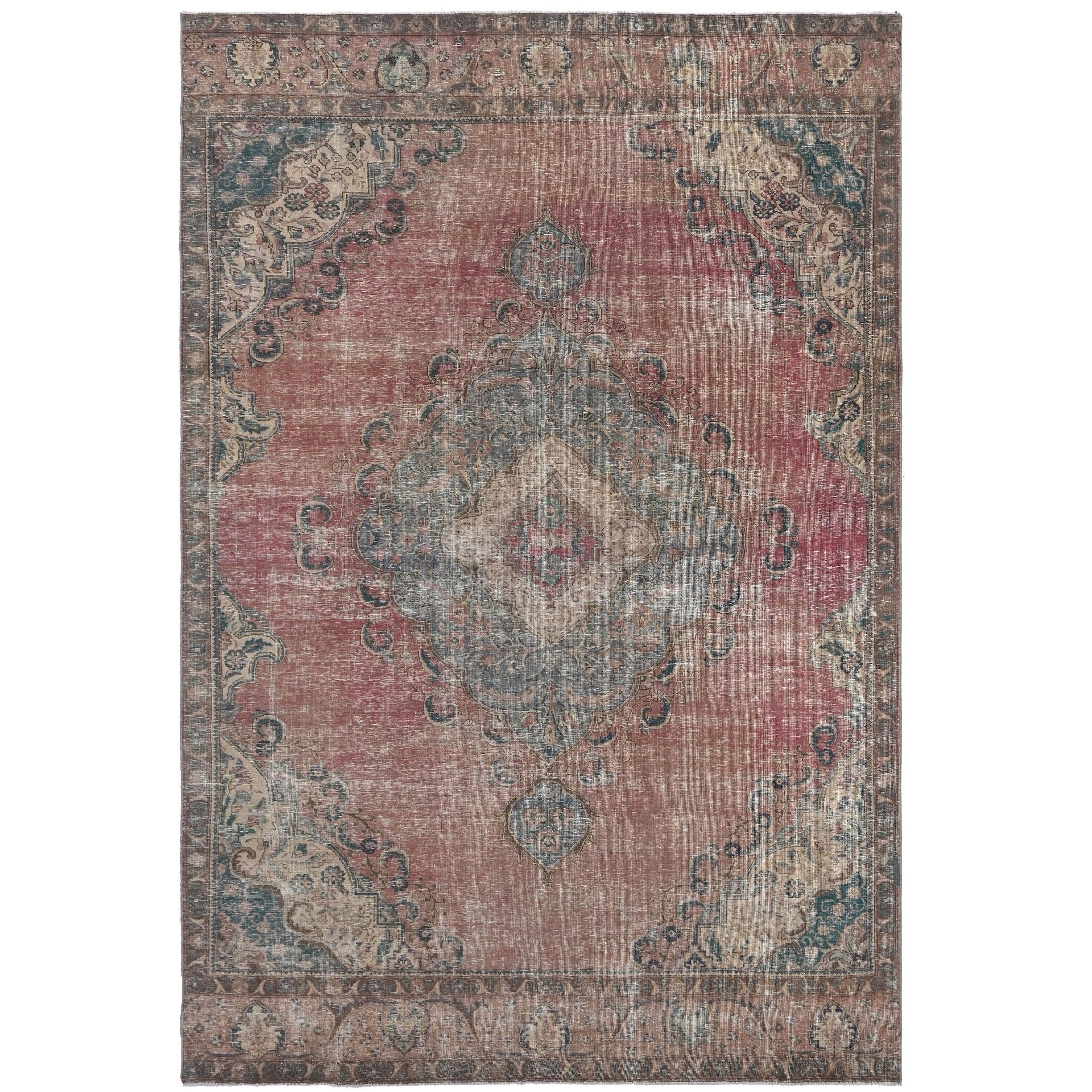 Knotari vintage hand-knotted wool rug No. A44 with elongated central medallion design in rust, navy, ivory, dusty blue, rosewood, size 7'3" x 12'4".