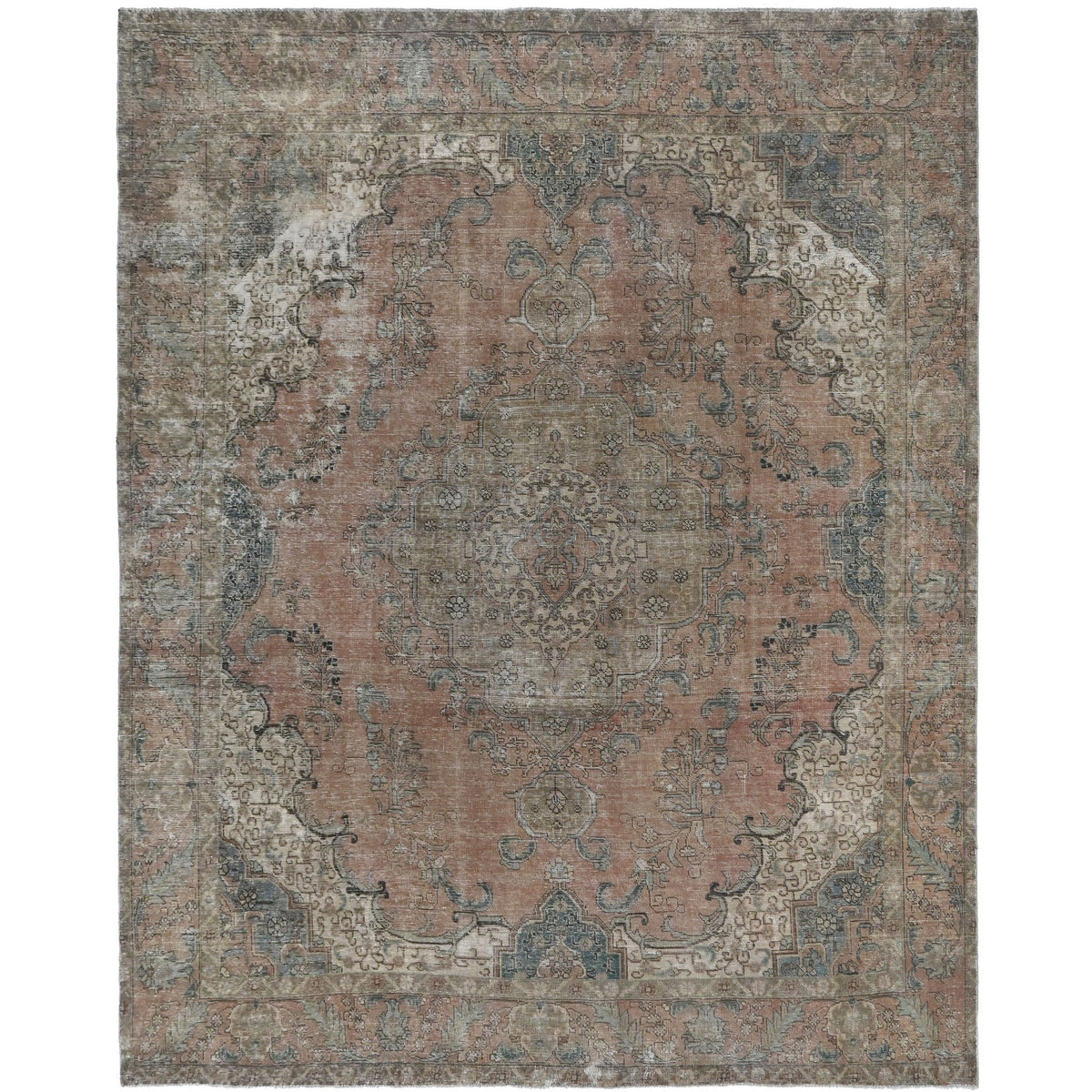 Knotari vintage hand-knotted wool rug No. A51 with geometric floral medallion design in brick red, indigo, ivory, terracotta, sage, size 9'4" x 12'0".