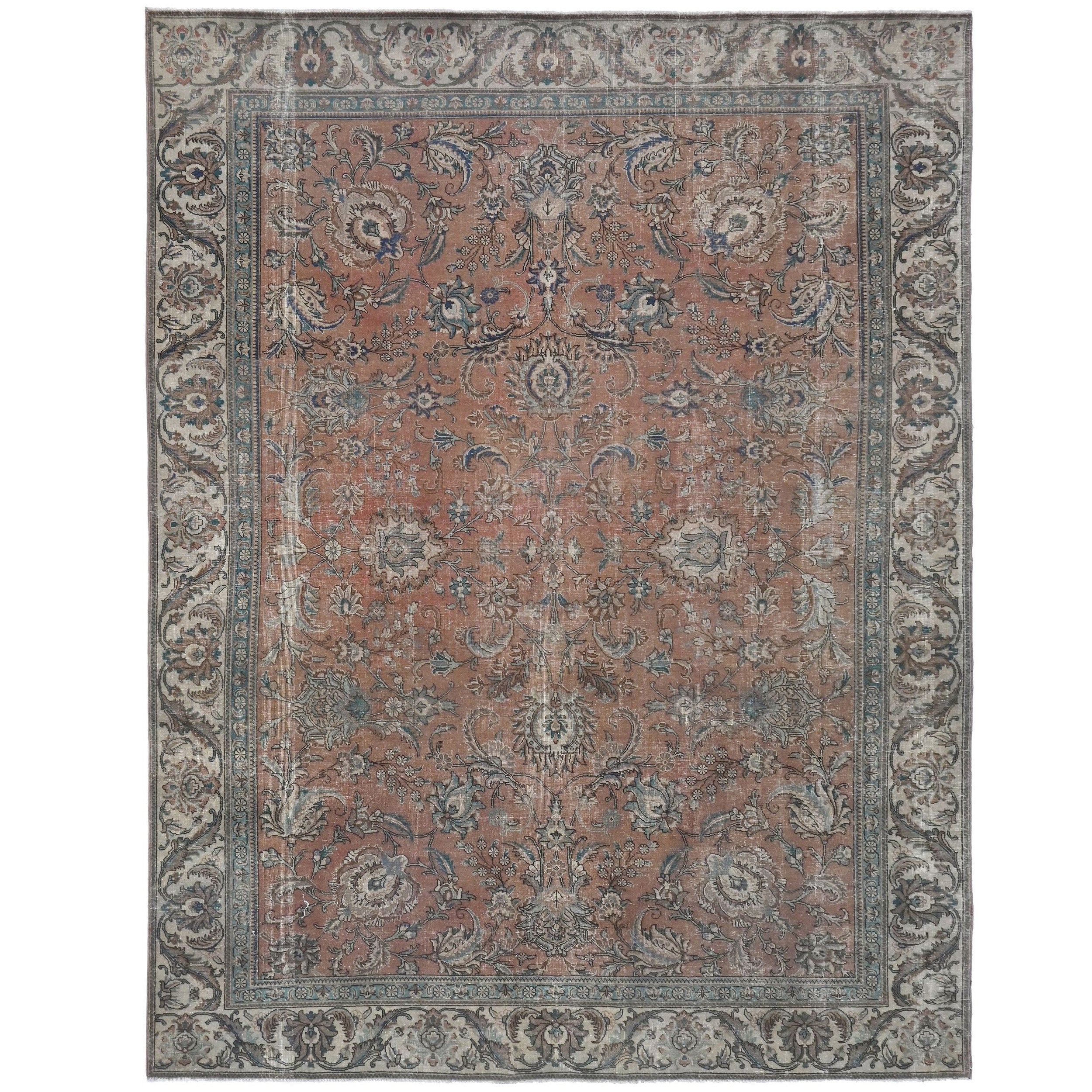 Knotari vintage hand-knotted wool rug No. A53 with washed floral medallion design in aged ivory, dusty rose, taupe, soft blue, muted rust, size 8'10" x 12'0".
