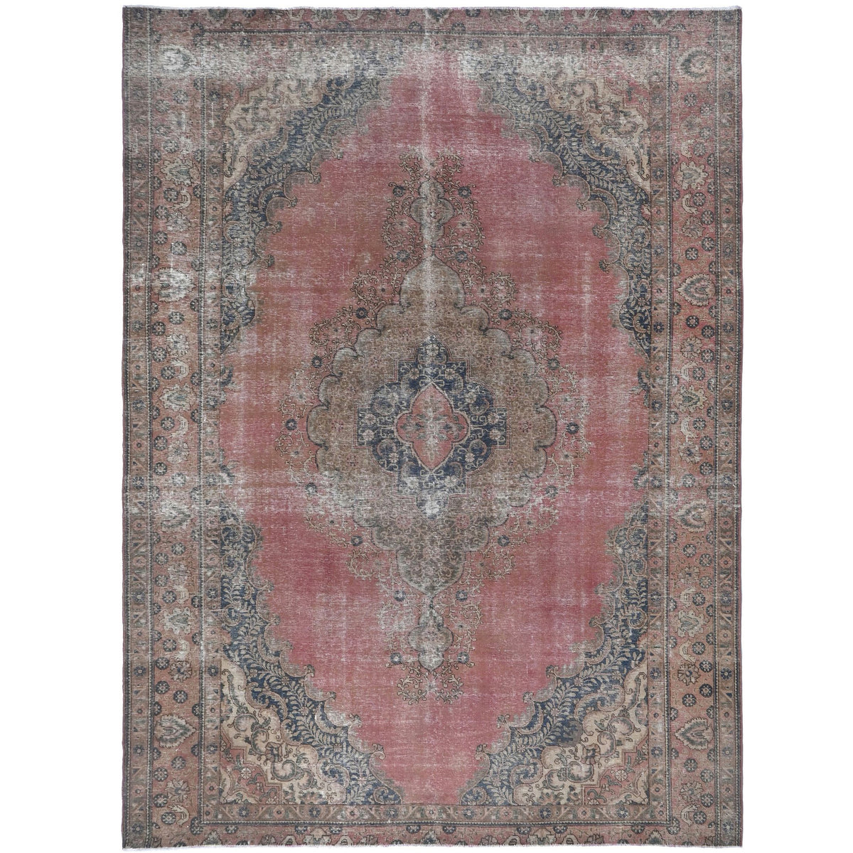 Knotari vintage hand-knotted rug No. A59 with geometric floral medallion design in brick rose, charcoal, taupe, aged ivory, muted blue, size 9'6" x 13'8".