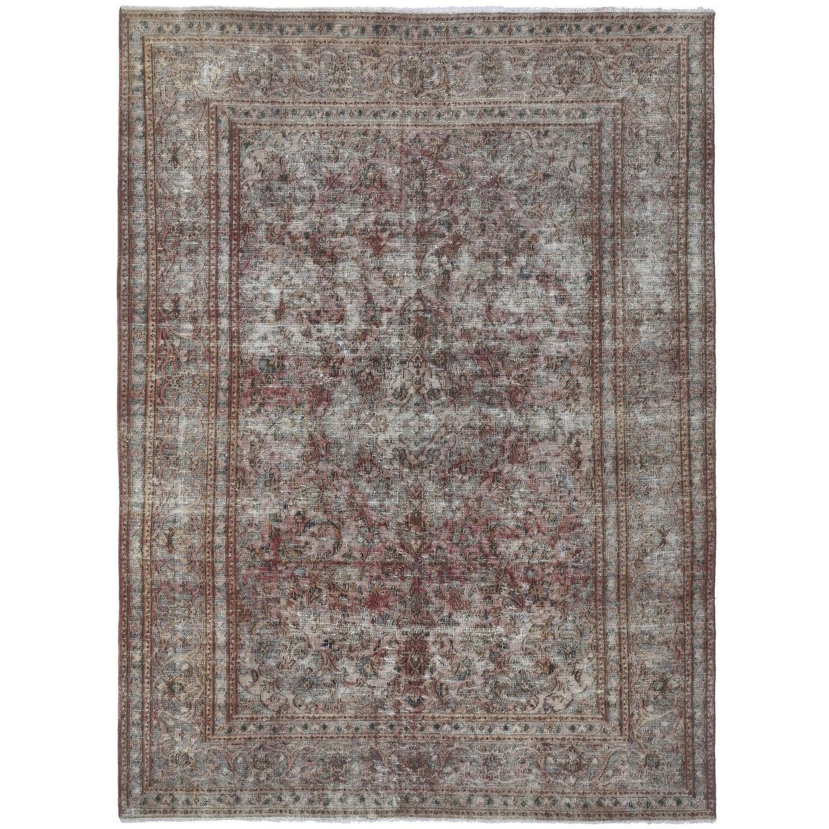 Knotari Heritage Collection vintage hand-knotted wool rug No. A64 with all-over floral design in taupe, dusty rose, soft ivory, muted olive, and warm brown, size 6'4" x 9'3".