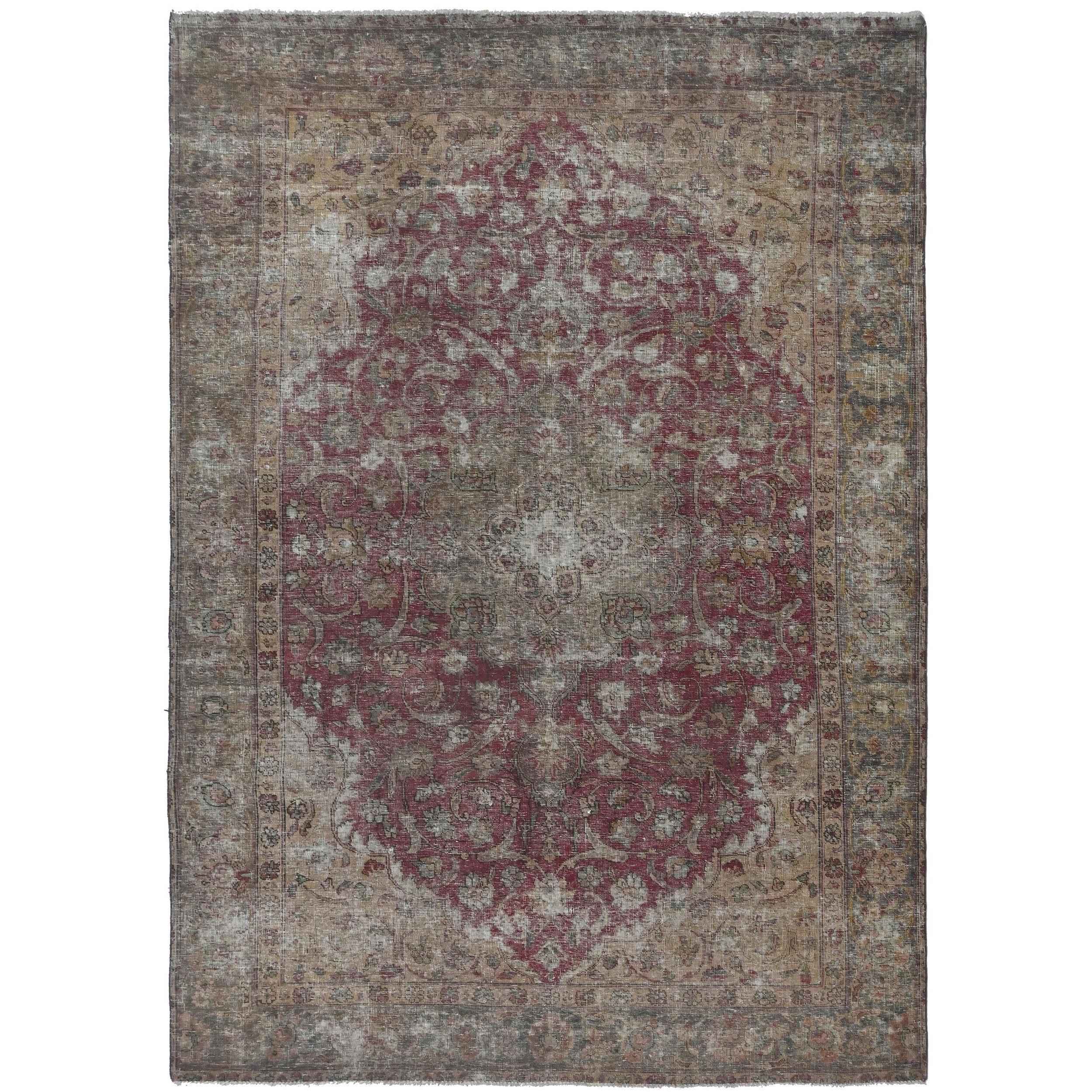 Knotari Heritage Collection vintage hand-knotted wool rug No. A68 with floral medallion design in rose red, taupe, charcoal, sand, muted gold, size 6'0" x 9'6".