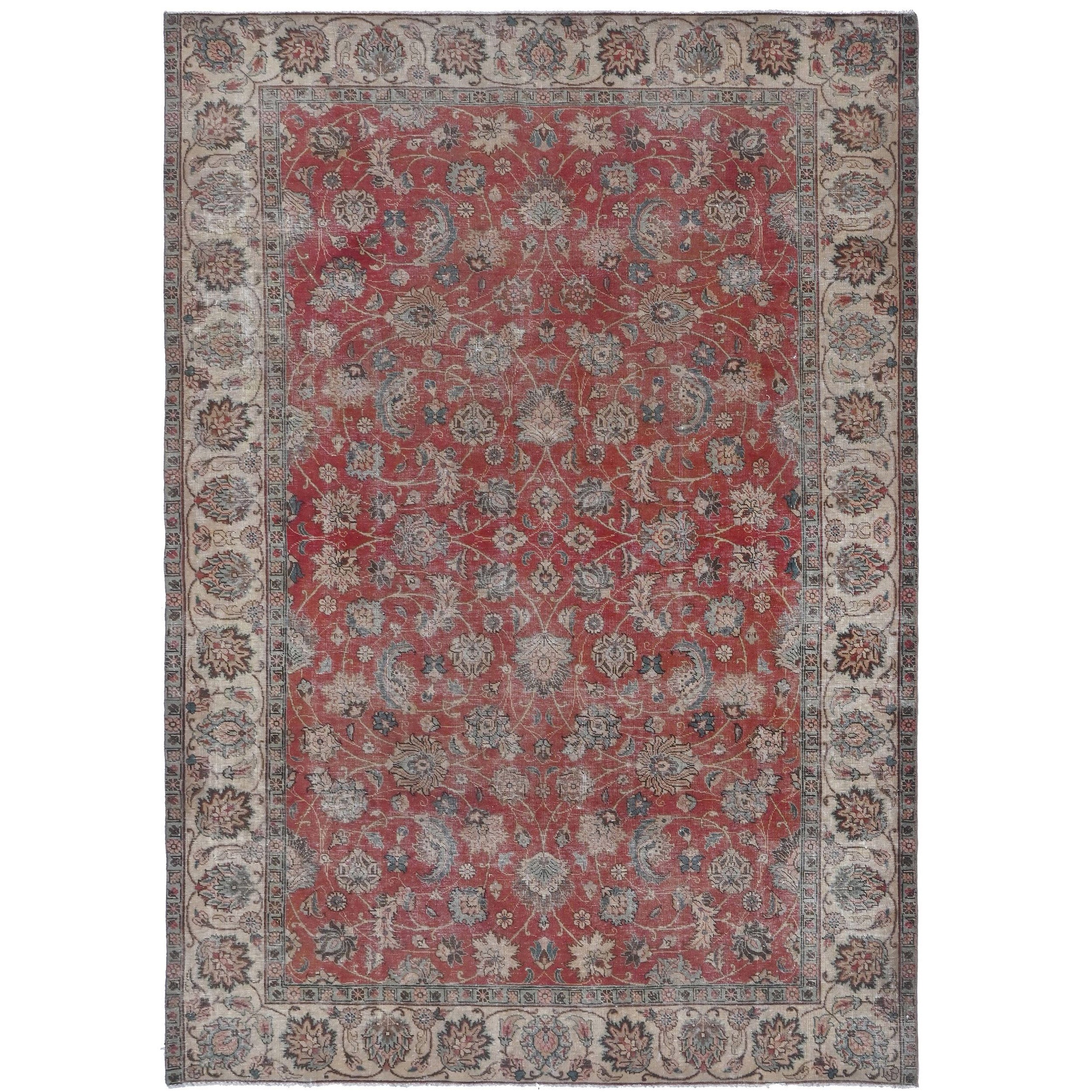 Knotari Heritage Collection vintage hand-knotted wool rug No. A75 with all-over floral design in rust red, ivory, slate blue, taupe, charcoal, size 6'3" x 9'5".