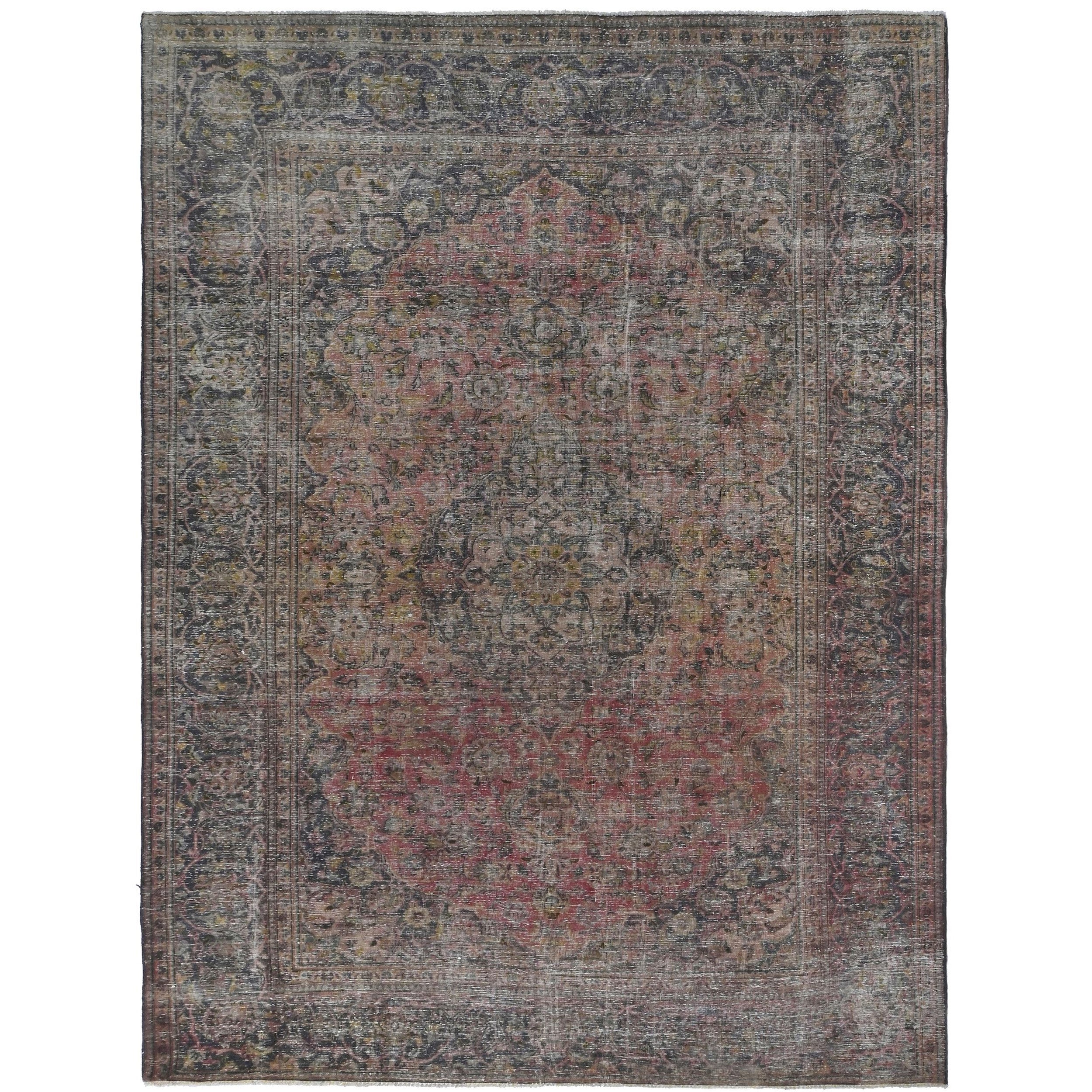 Knotari Heritage Collection vintage hand-knotted wool rug No. A76 with floral medallion design in antique rose, charcoal, olive, taupe, and muted gold, size 6'7" x 9'3".