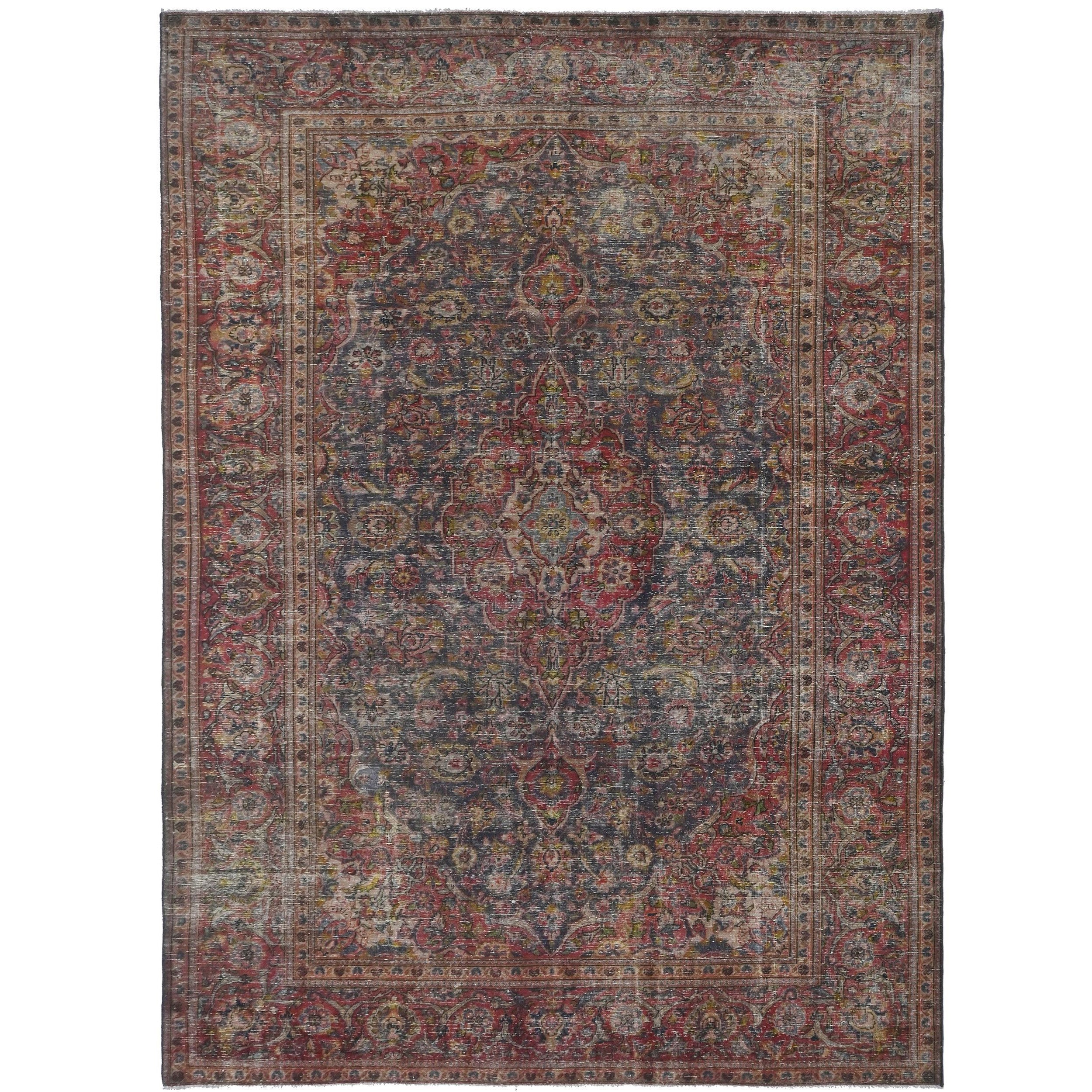 Knotari Heritage Collection vintage hand-knotted wool rug No. A85 with persian medallion design in charcoal, antique red, rust, taupe, muted gold, size 6'8" x 10'0".