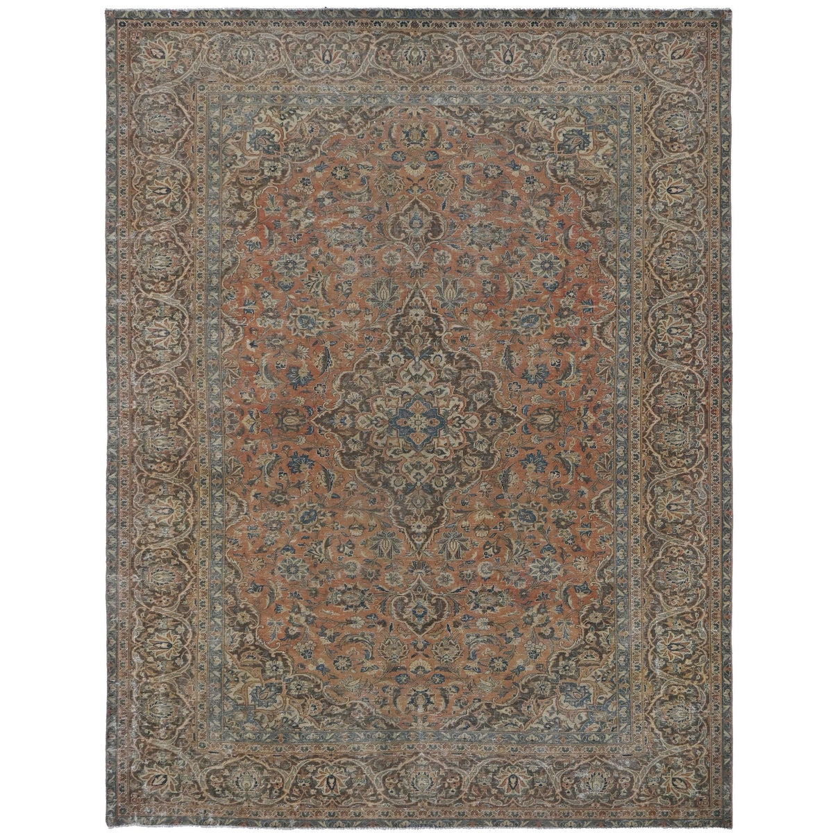 Knotari vintage hand-knotted wool rug No. A87 with floral medallion design in brick red, aged ivory, navy, dusty blue, sage, size 7'9" x 11'0".