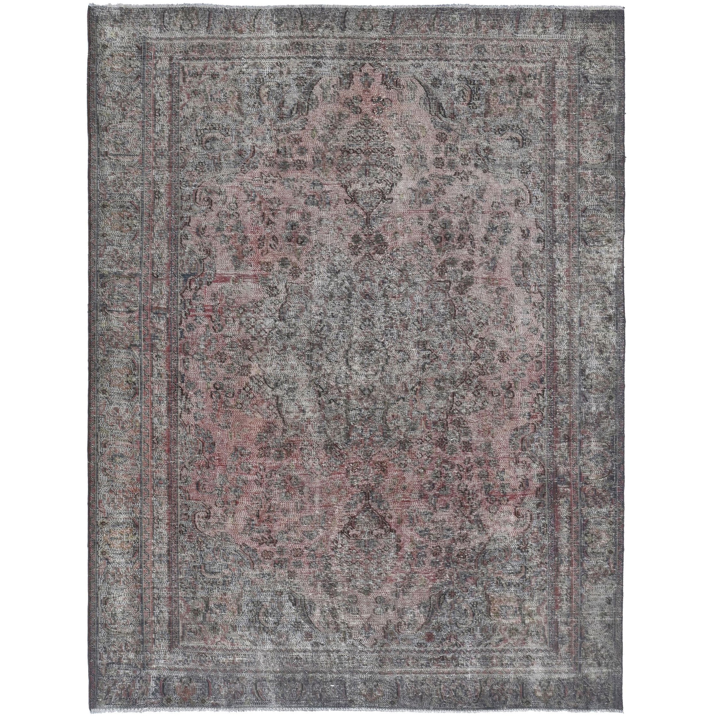 Knotari Heritage Collection vintage hand-knotted wool rug No. A99 with ornamental medallion design in dusty rose, charcoal, muted teal, taupe, and ivory, size 5'8" x 8'2".