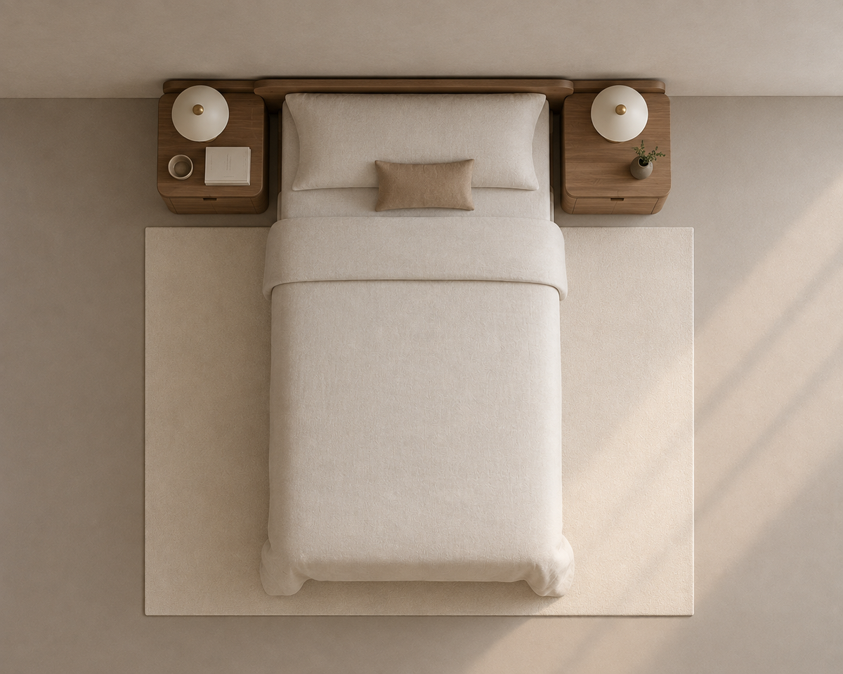 Top-down view of a minimalist bed setup with a light beige duvet and pillow, a small matching accent pillow, a dark wood headboard and matching side tables, and a large cream rug on a warm beige wall.